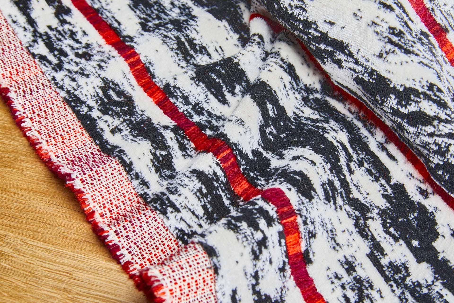 Woven Velvet Fabric in Black and White with Red Stripes, image 7 of 9