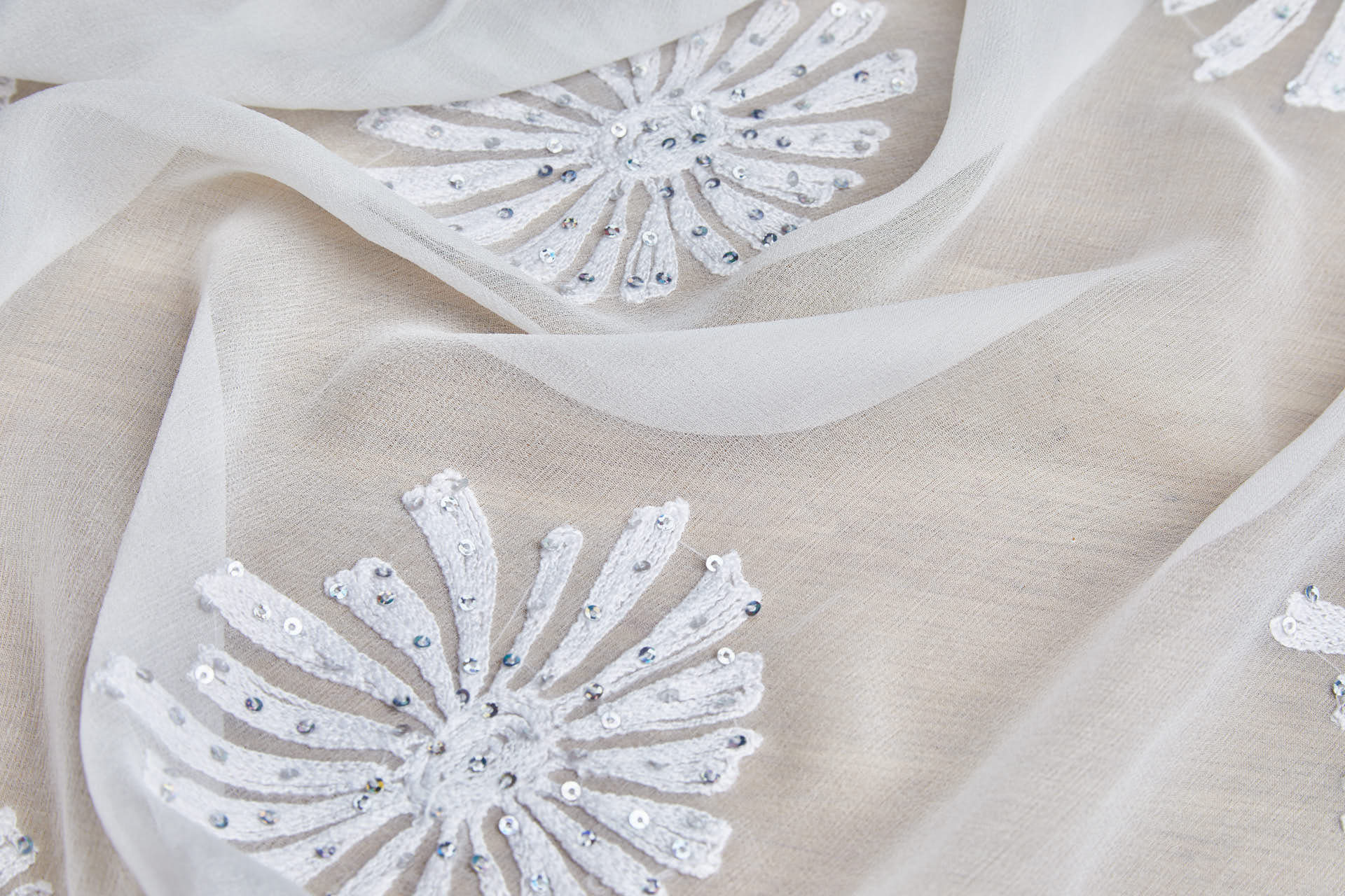 Ivory Chiffon with Large embroidered Flowers fabric, image 6 of 7