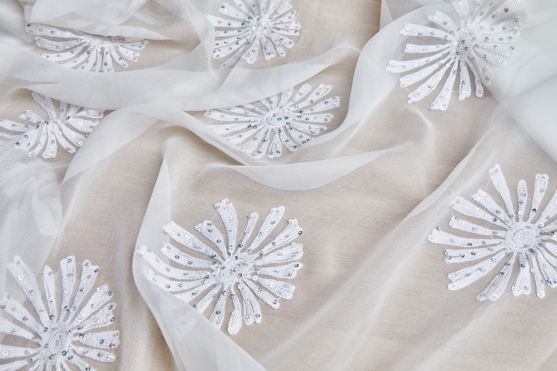 Ivory Chiffon with Large embroidered Flowers fabric