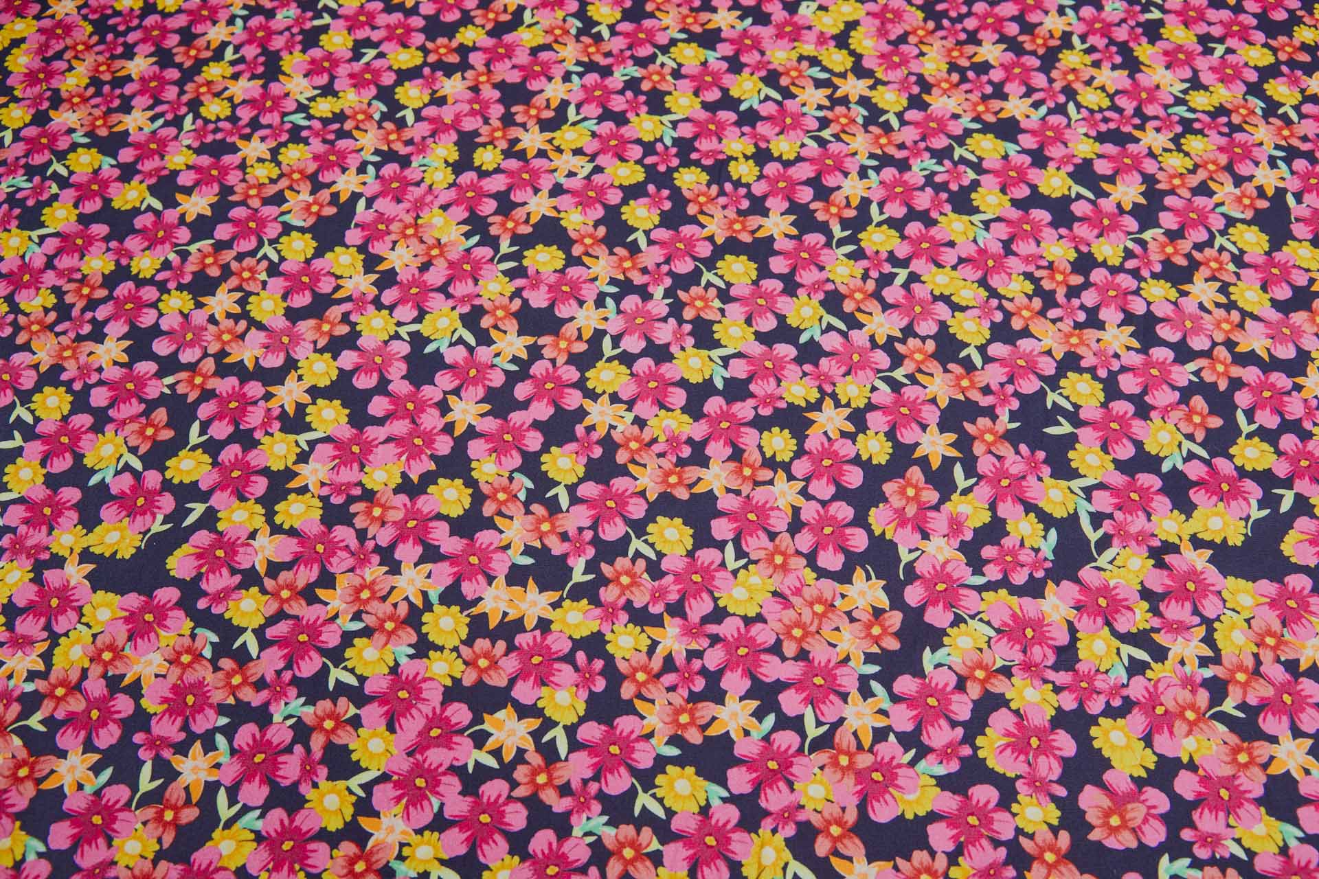 Floral Print Stretch Cotton - Pinks, Orange and Greens on Inky Blue fabric, image 7 of 7