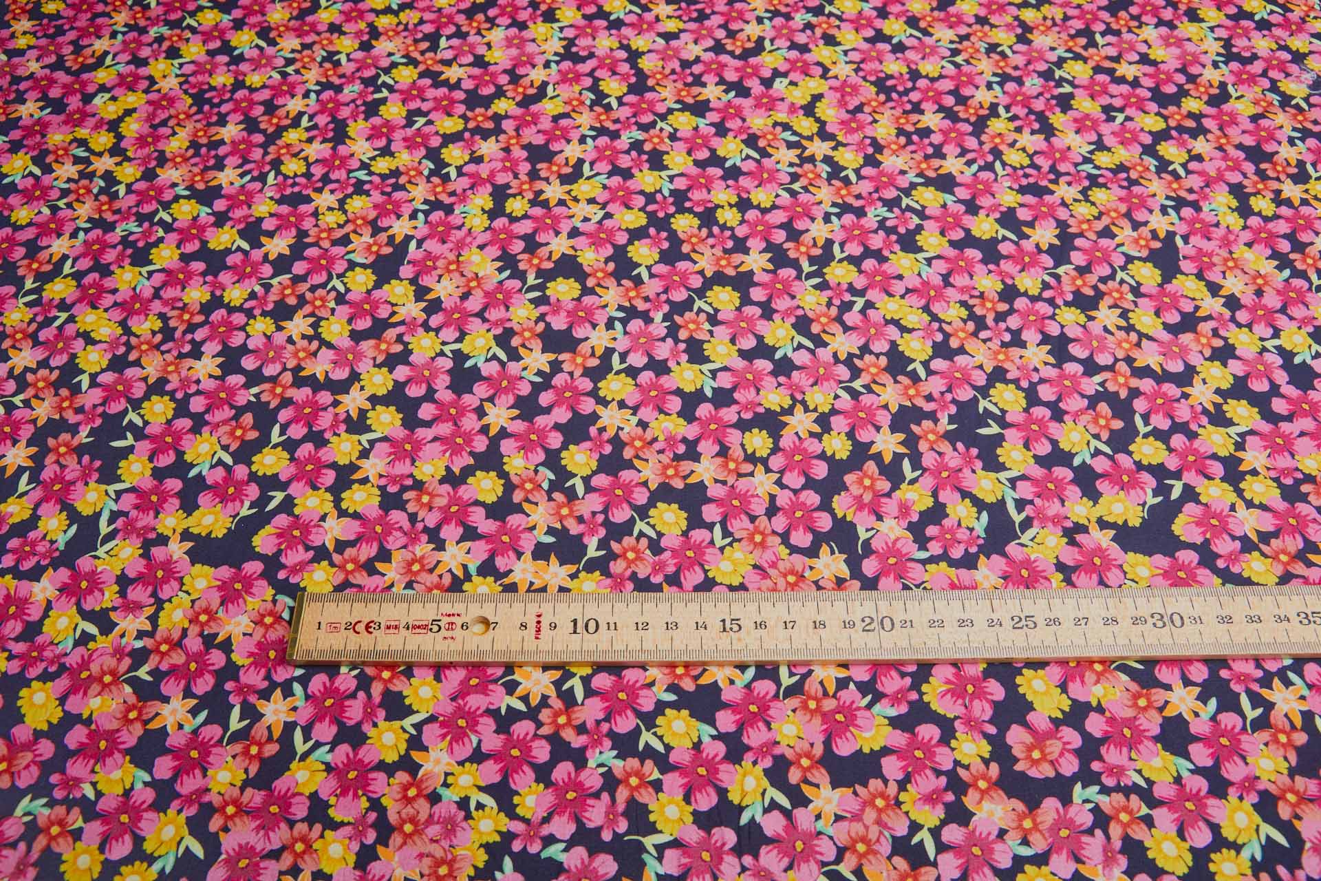 Floral Print Stretch Cotton - Pinks, Orange and Greens on Inky Blue fabric, image 2 of 7