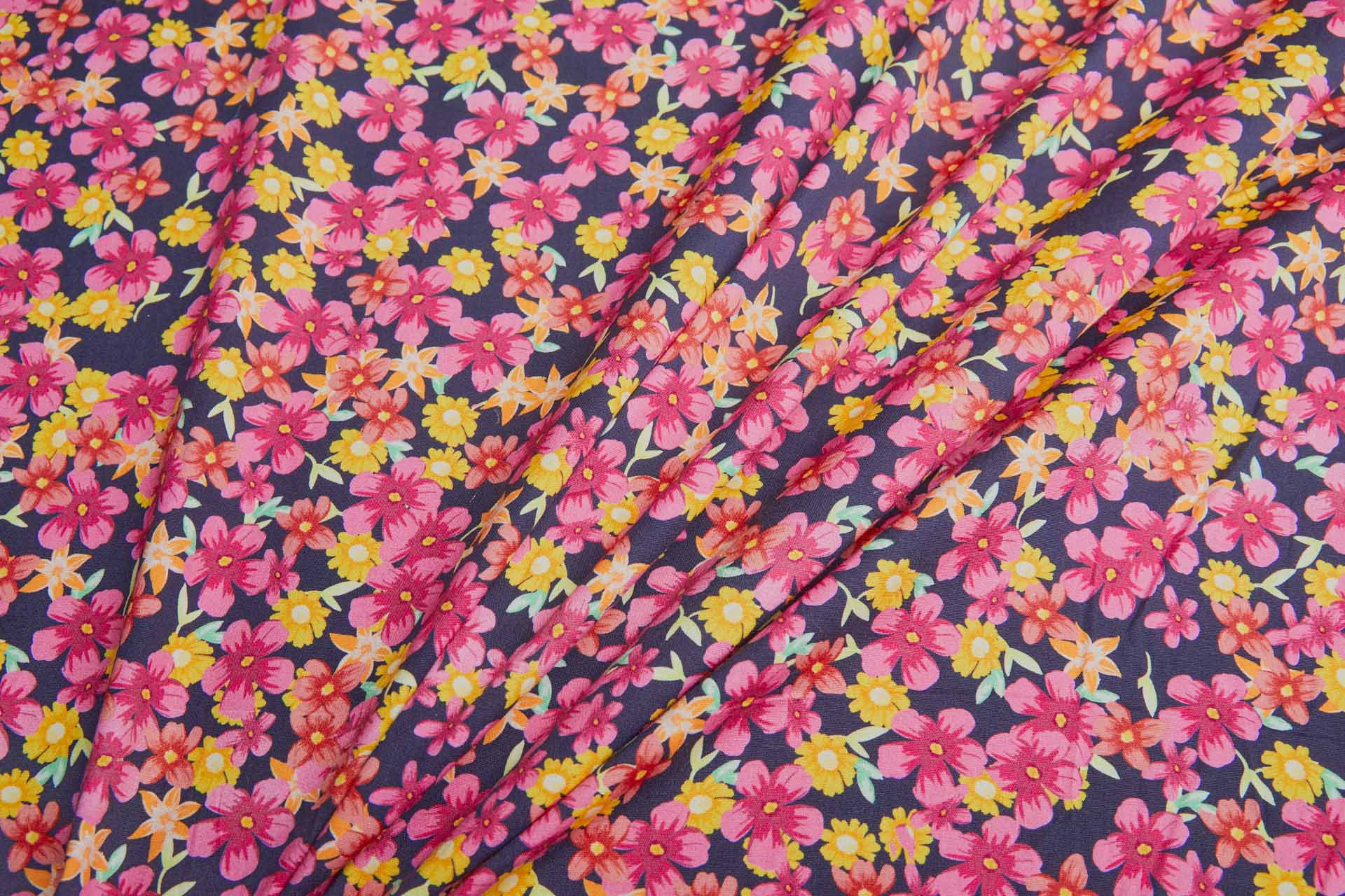Floral Print Stretch Cotton - Pinks, Orange and Greens on Inky Blue fabric, image 4 of 7