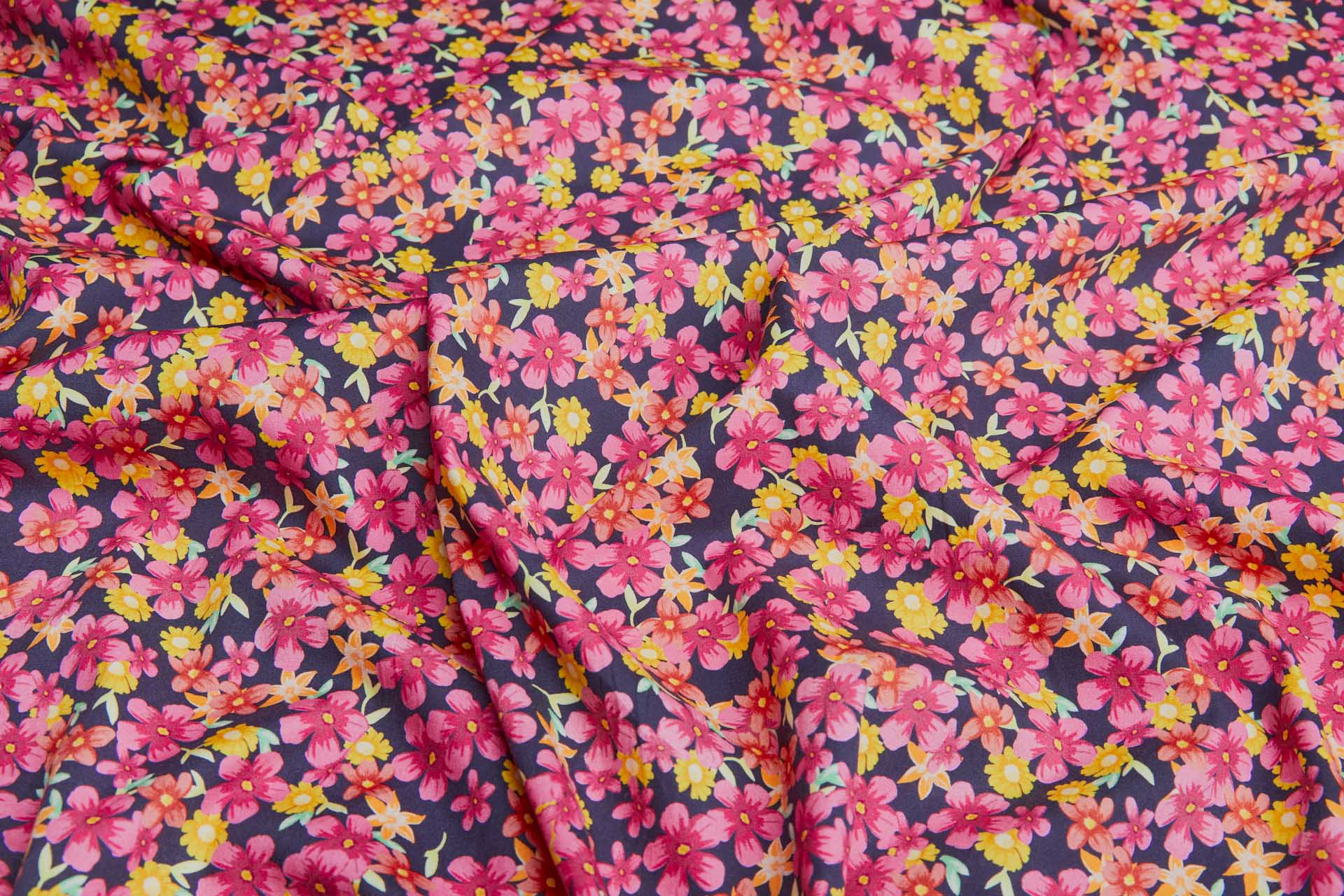 Floral Print Stretch Cotton - Pinks, Orange and Greens on Inky Blue fabric, image 5 of 7