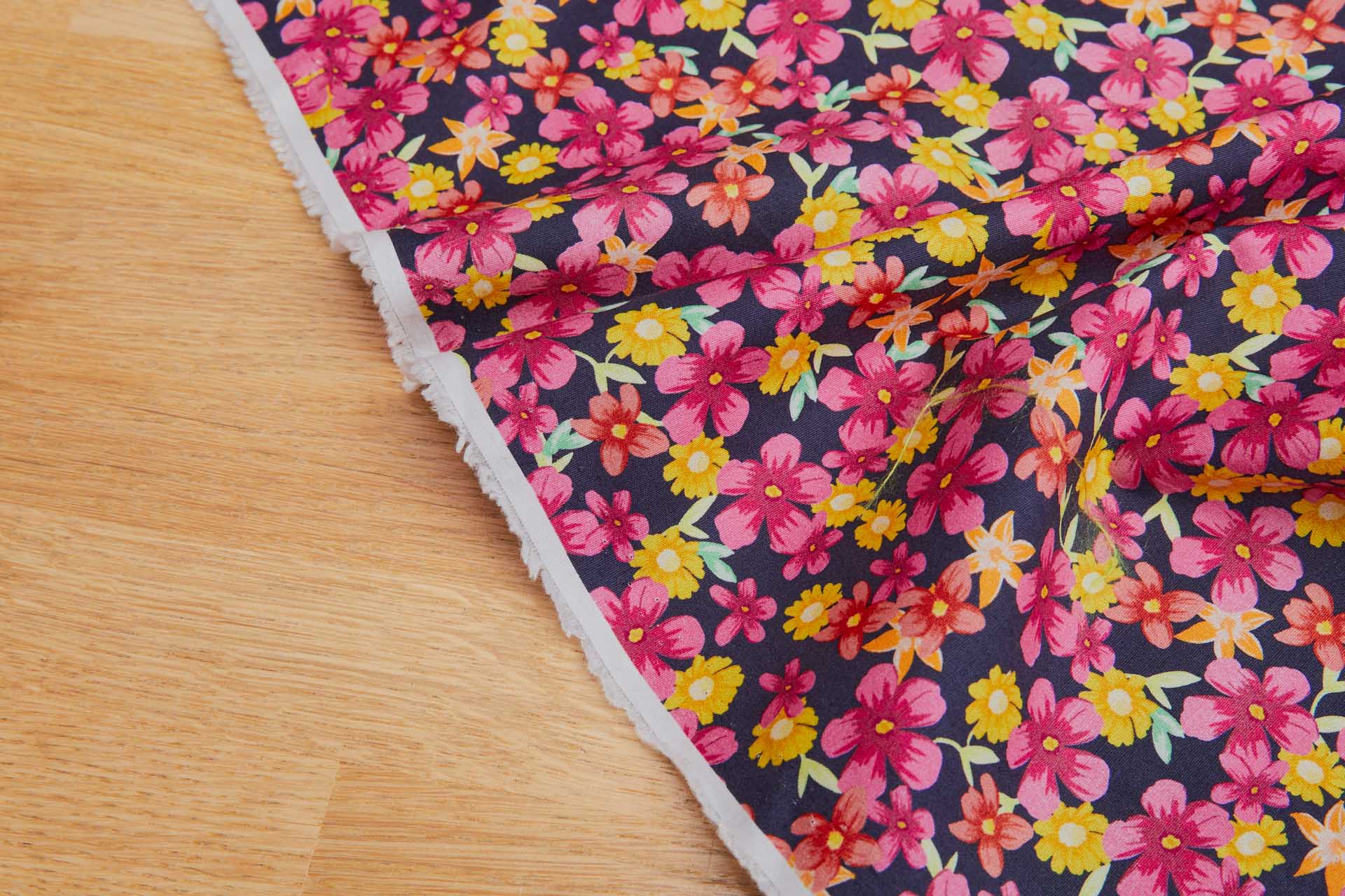 Floral Print Stretch Cotton - Pinks, Orange and Greens on Inky Blue fabric, image 6 of 7