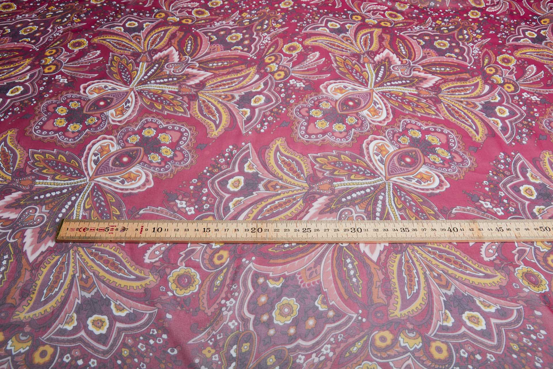 Paisley Style Printed Chiffon in Burgundy with Orange, Mustard and Ivory fabric, image 9 of 10