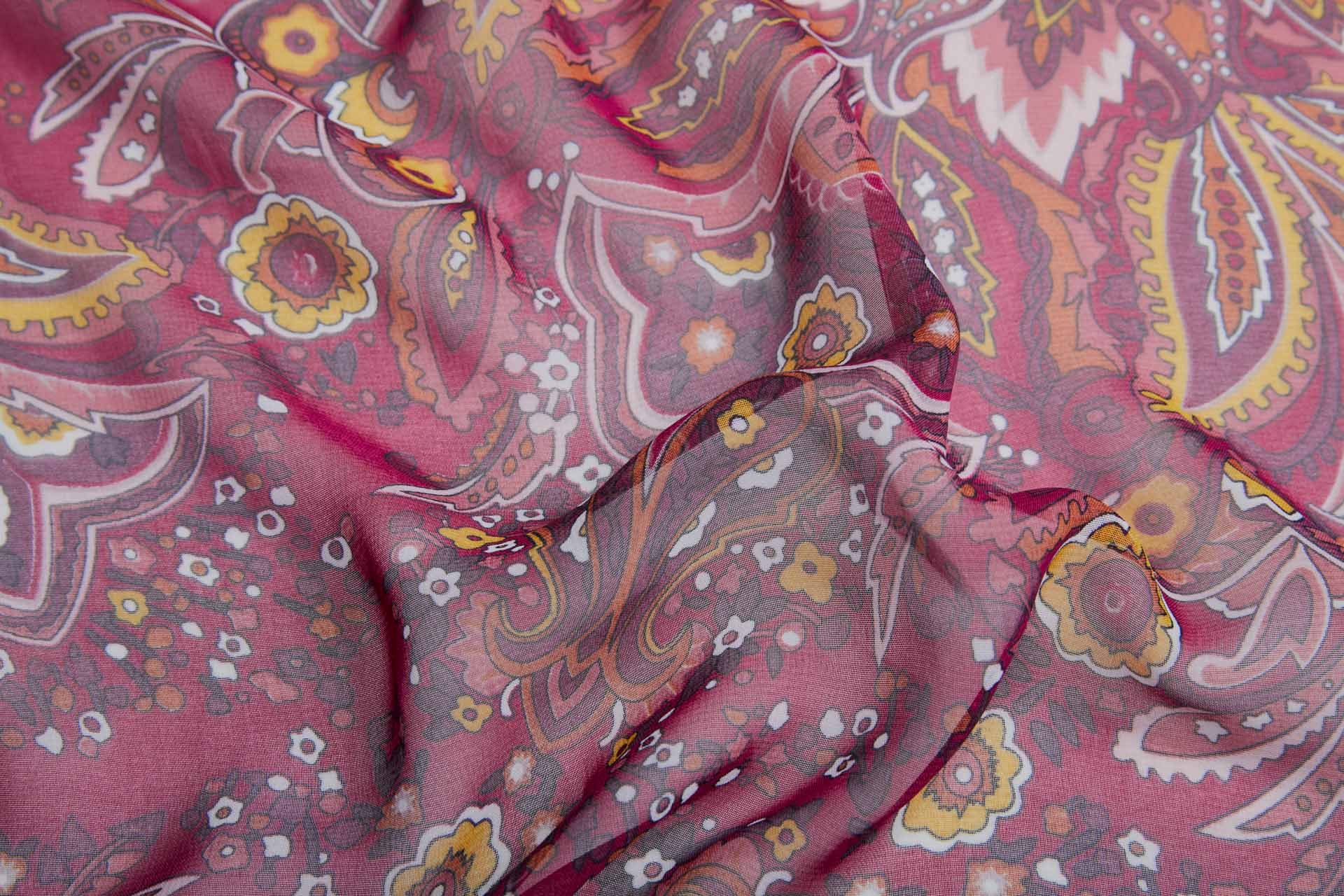 Paisley Style Printed Chiffon in Burgundy with Orange, Mustard and Ivory fabric, image 2 of 10