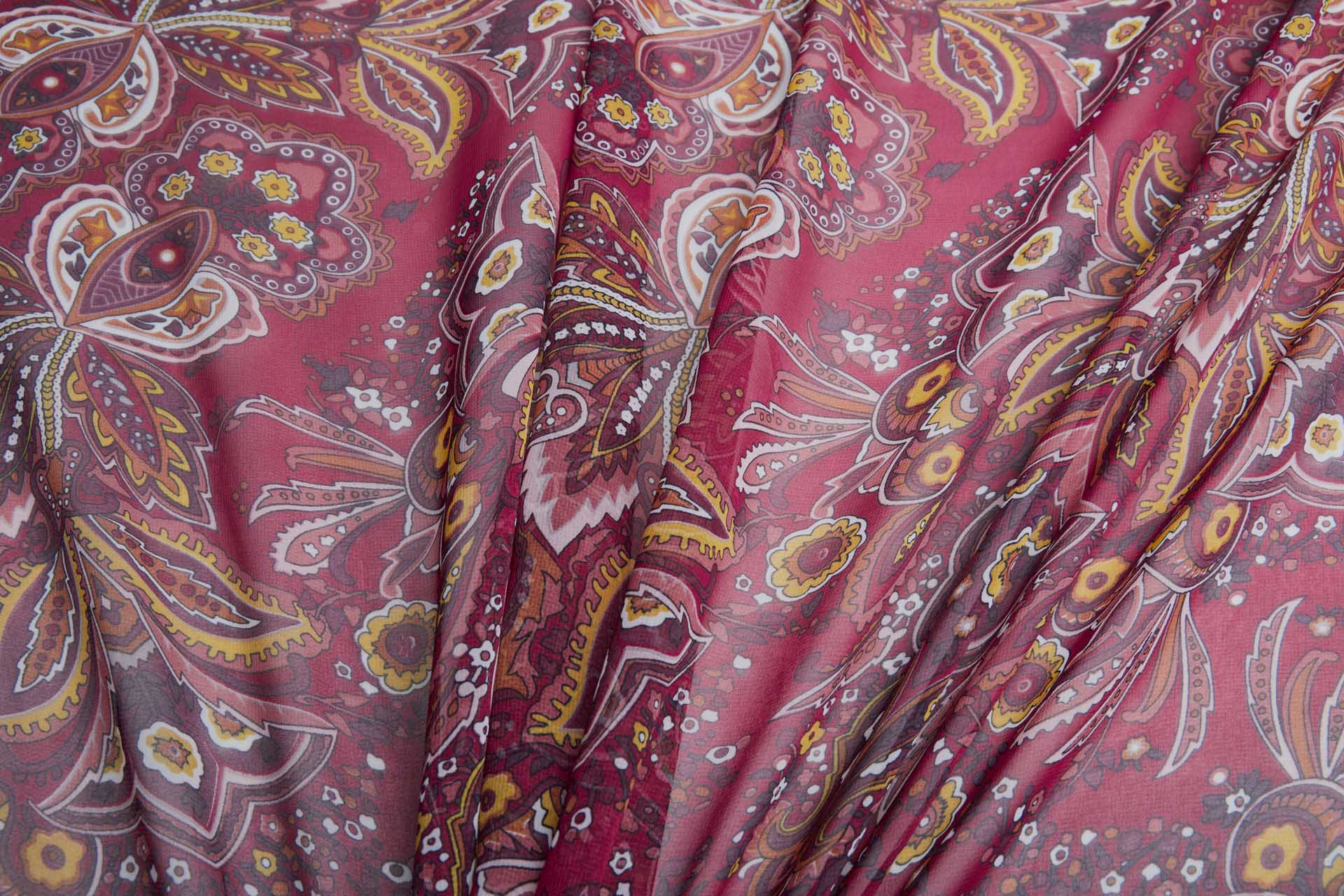 Paisley Style Printed Chiffon in Burgundy with Orange, Mustard and Ivory fabric, image 7 of 10