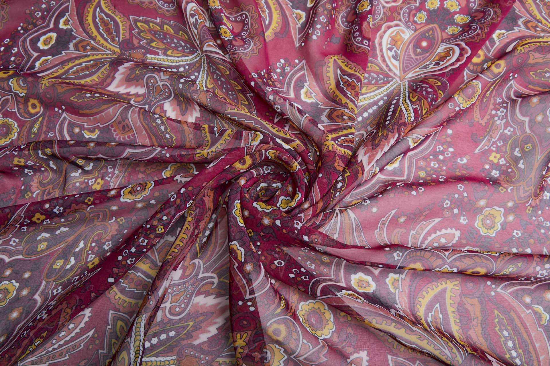 Paisley Style Printed Chiffon in Burgundy with Orange, Mustard and Ivory fabric