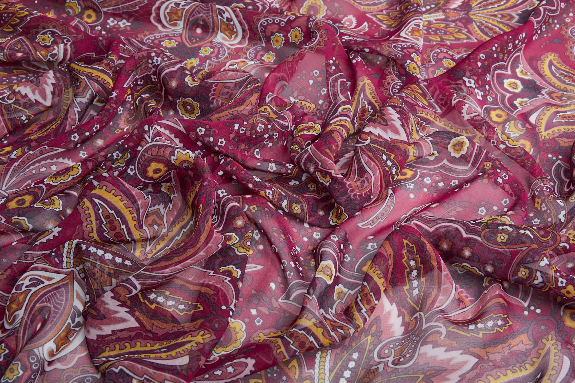 Paisley Style Printed Chiffon in Burgundy with Orange, Mustard and Ivory fabric, image 5 of 10