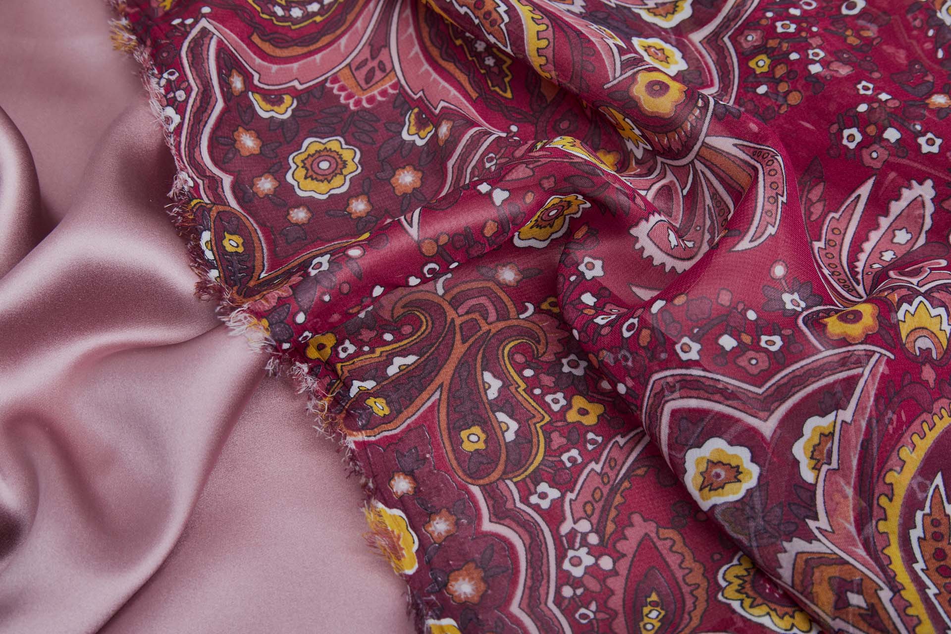 Paisley Style Printed Chiffon in Burgundy with Orange, Mustard and Ivory fabric, image 4 of 10