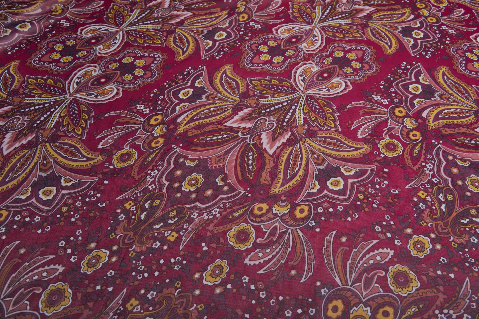 Paisley Style Printed Chiffon in Burgundy with Orange, Mustard and Ivory fabric, image 8 of 10