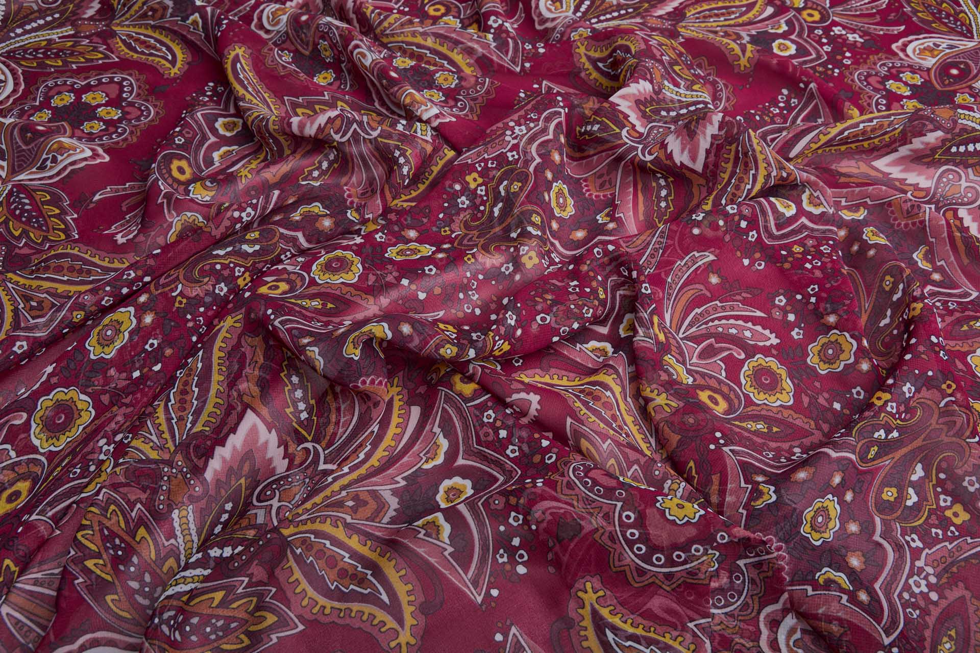 Paisley Style Printed Chiffon in Burgundy with Orange, Mustard and Ivory fabric, image 6 of 10