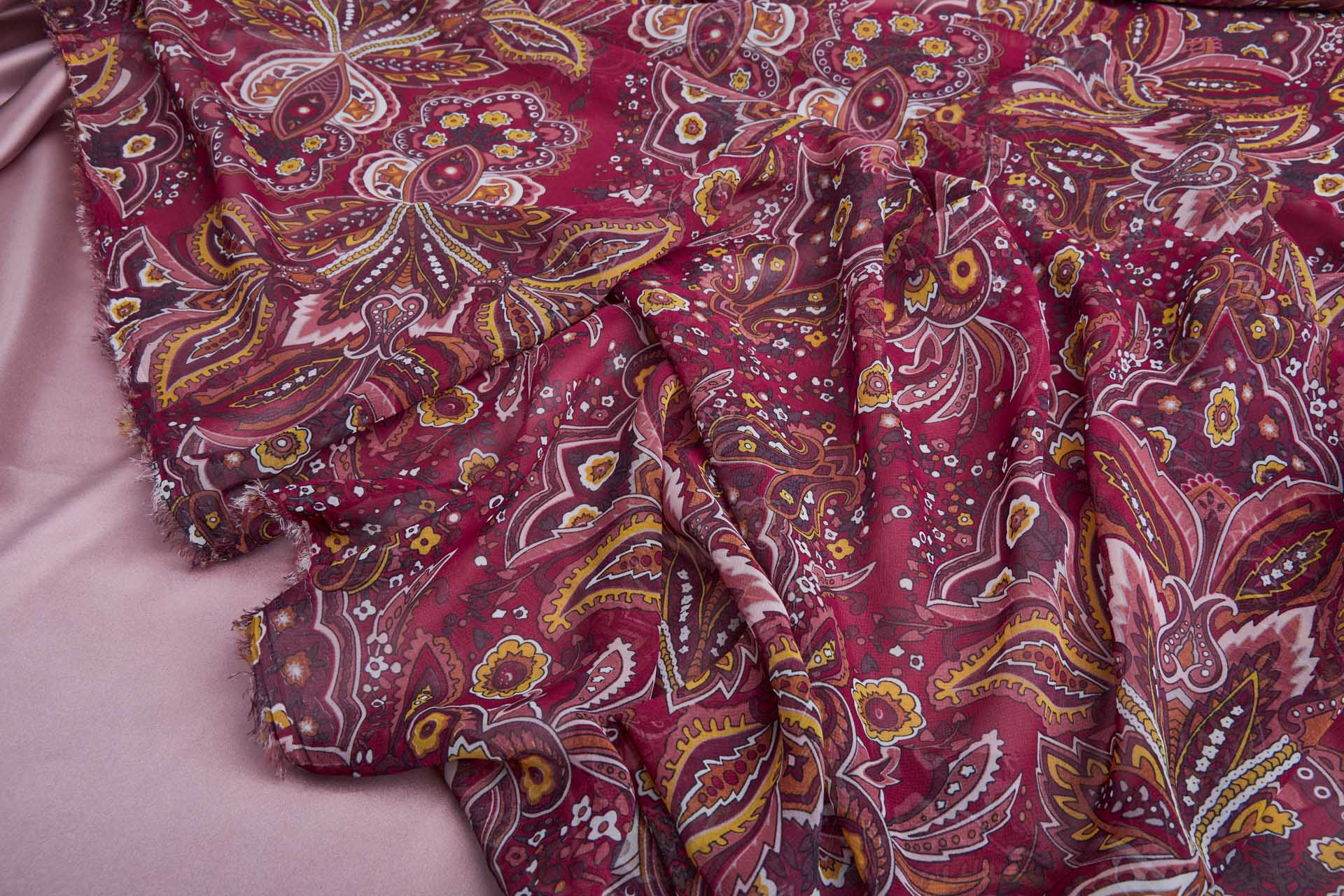 Paisley Style Printed Chiffon in Burgundy with Orange, Mustard and Ivory fabric, image 3 of 10