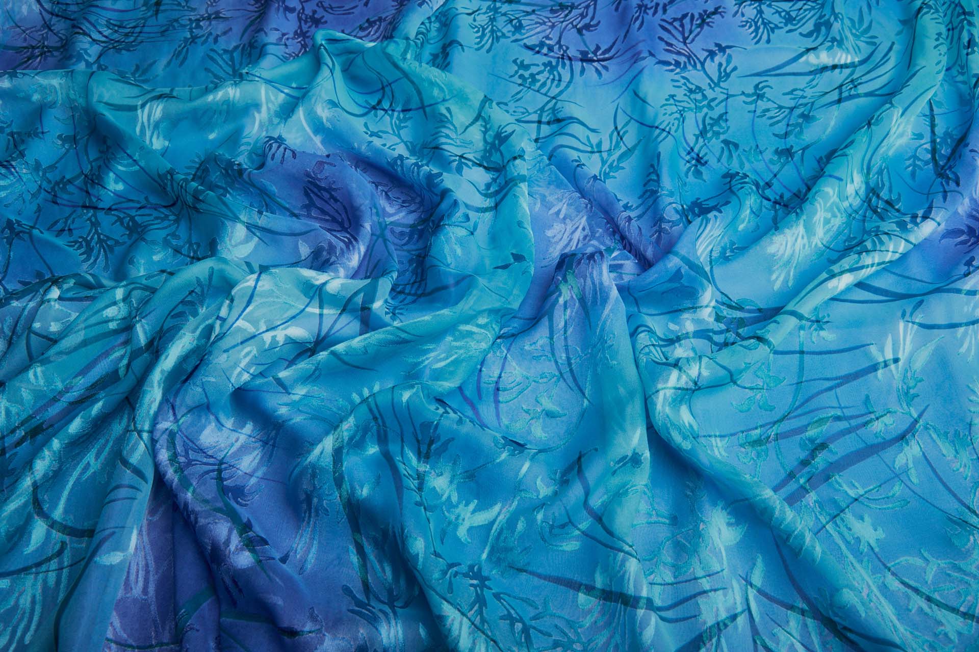 Aqua, Turquoise and Dark Blue Devore Burnout Floral Print fabric, image 10 of 11