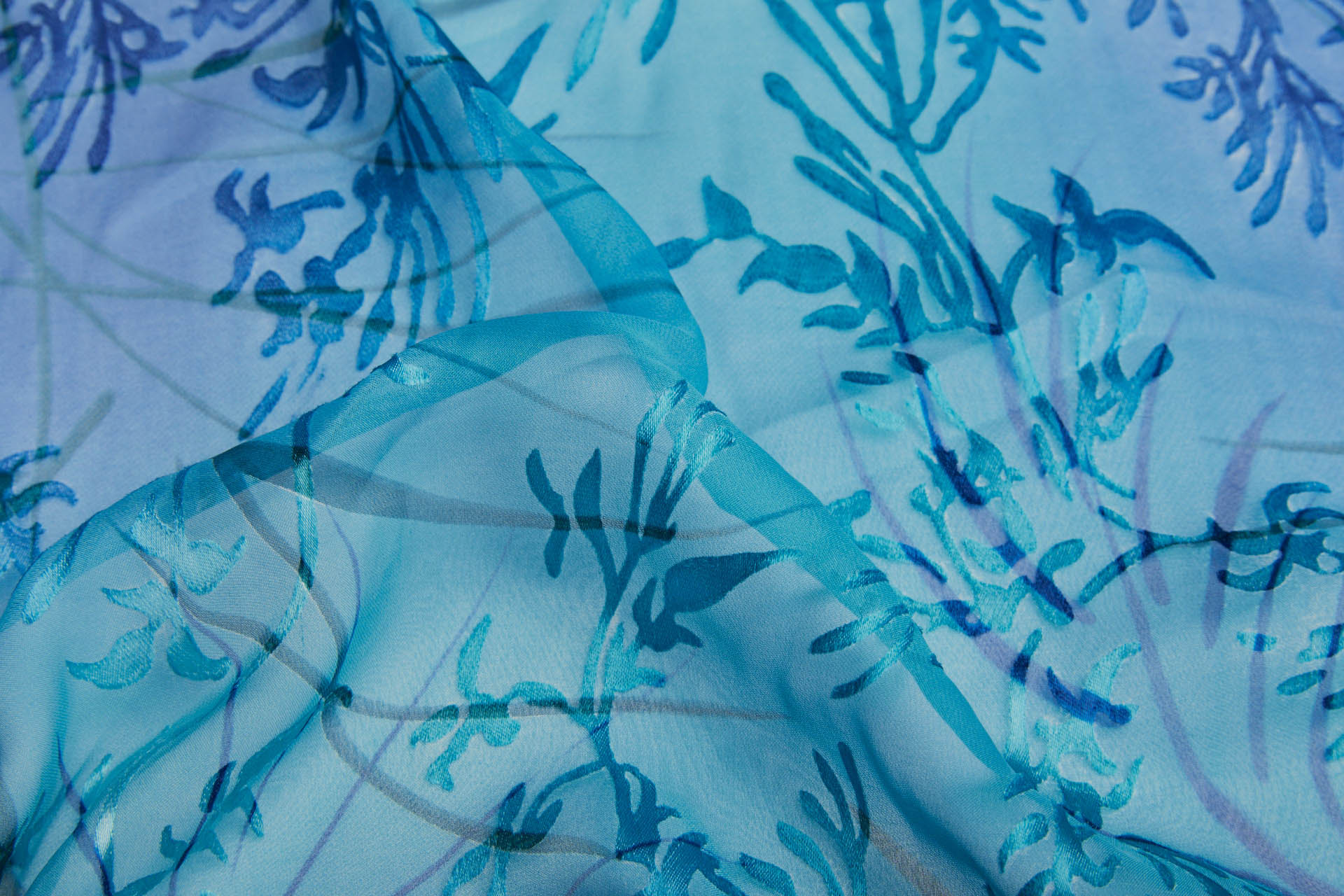 Aqua, Turquoise and Dark Blue Devore Burnout Floral Print fabric, image 4 of 11