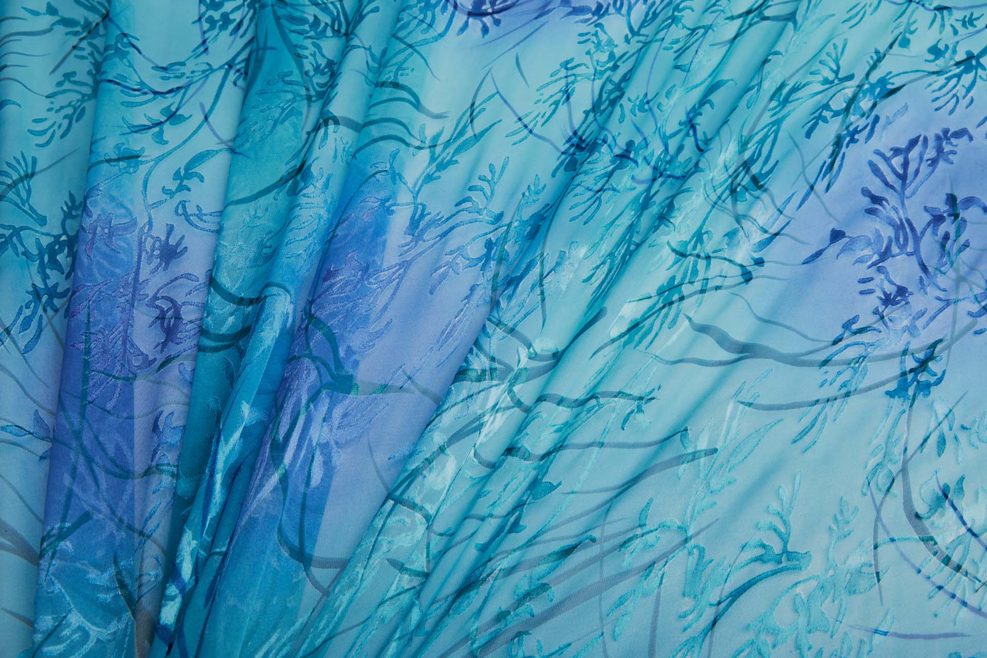 Aqua, Turquoise and Dark Blue Devore Burnout Floral Print fabric, image 5 of 11
