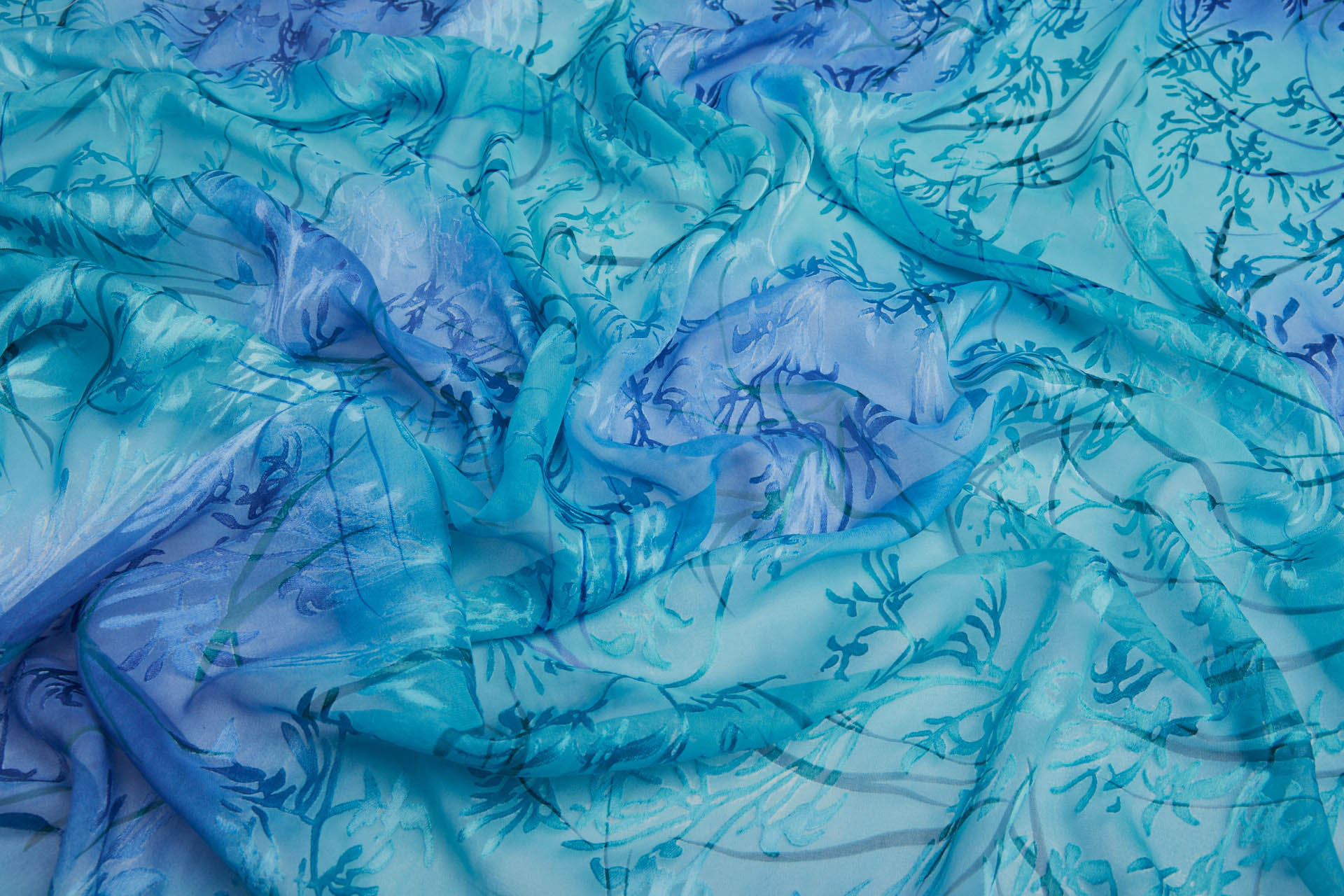 Aqua, Turquoise and Dark Blue Devore Burnout Floral Print fabric, image 6 of 11