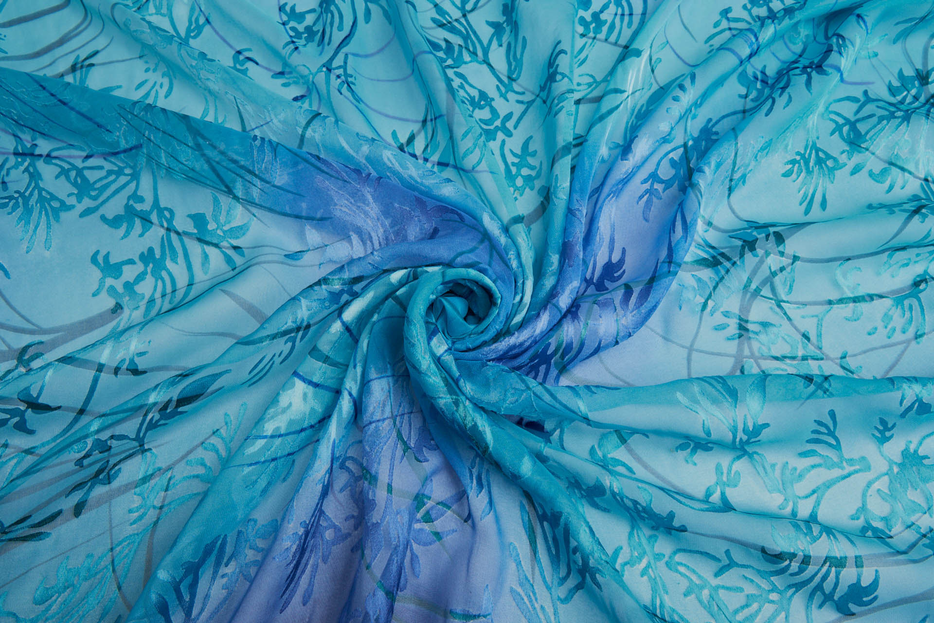 Aqua, Turquoise and Dark Blue Devore Burnout Floral Print fabric