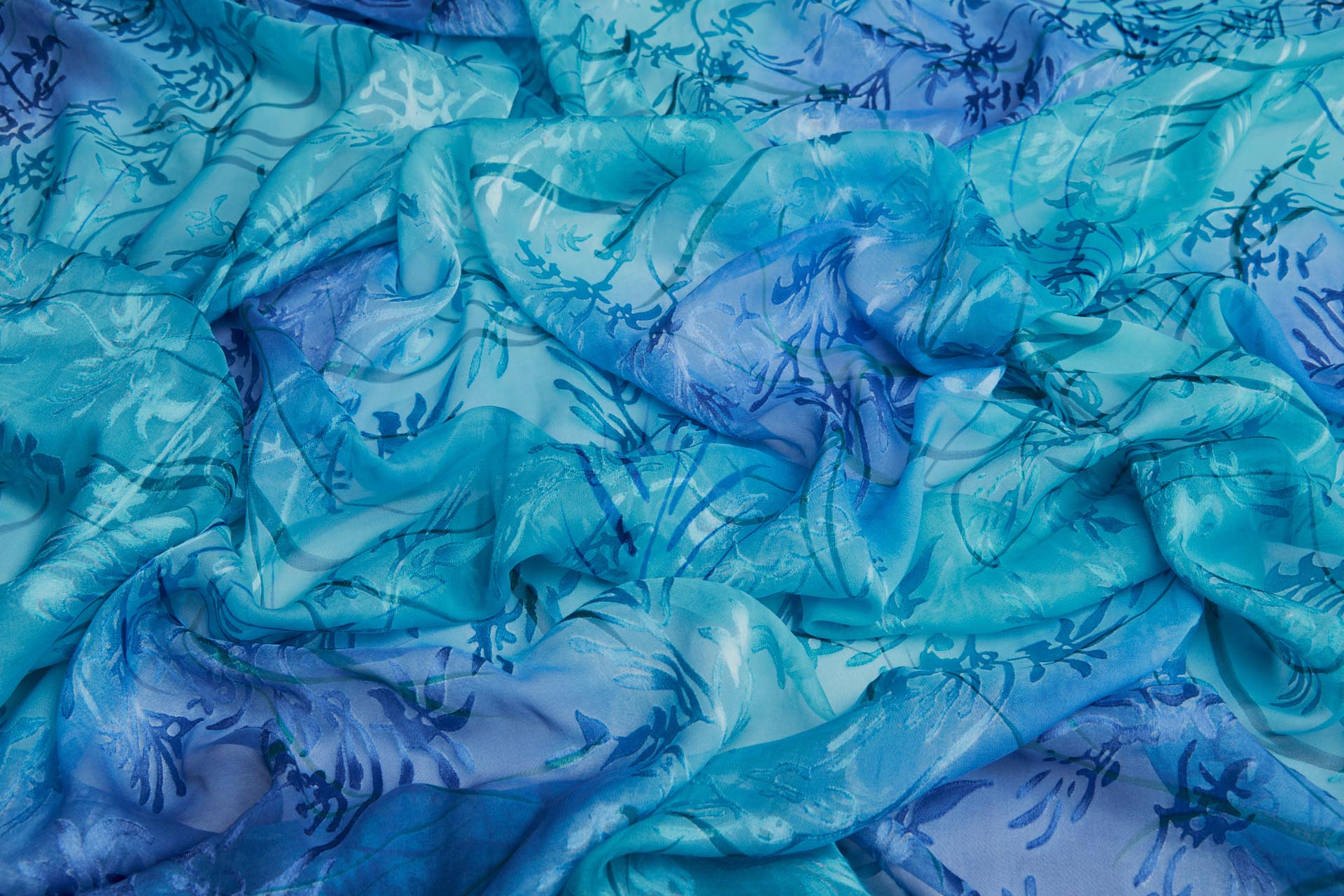 Aqua, Turquoise and Dark Blue Devore Burnout Floral Print fabric, image 7 of 11