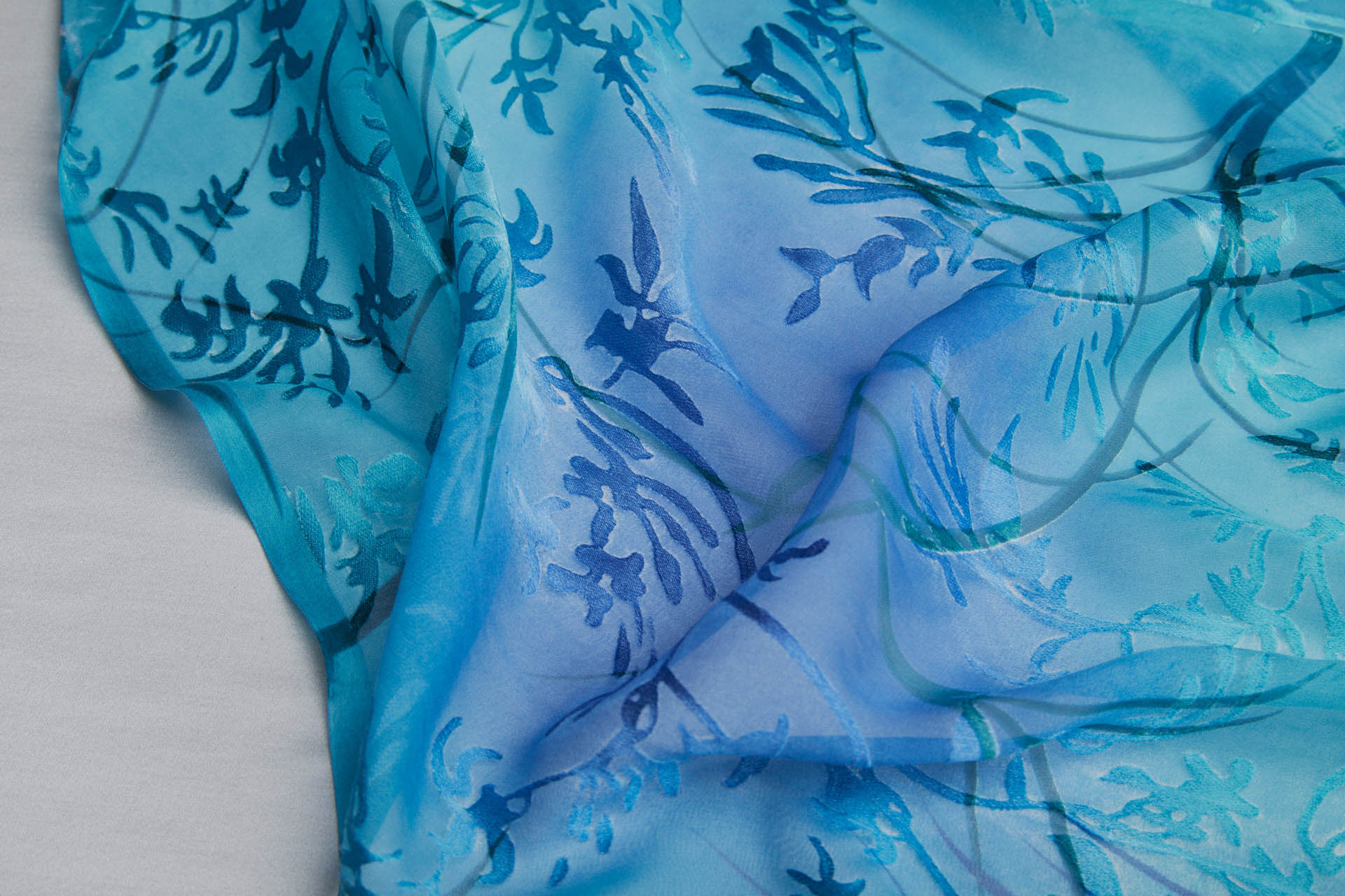 Aqua, Turquoise and Dark Blue Devore Burnout Floral Print fabric, image 3 of 11