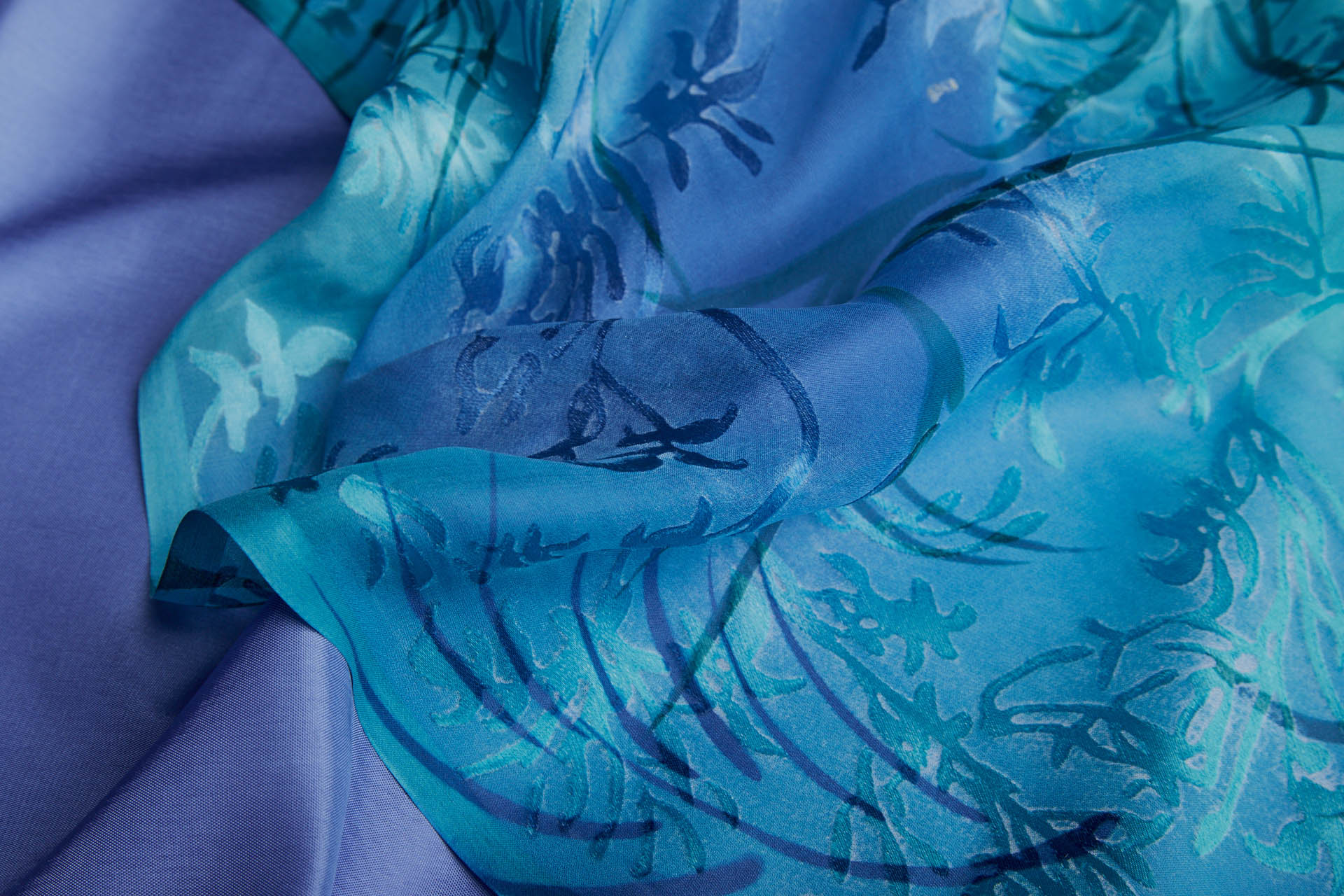 Aqua, Turquoise and Dark Blue Devore Burnout Floral Print fabric, image 2 of 11