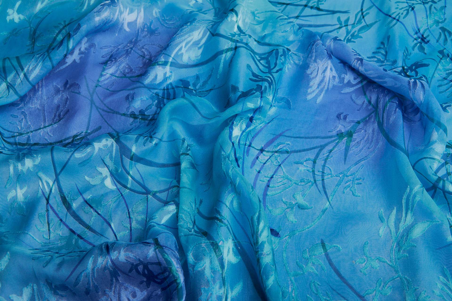 Aqua, Turquoise and Dark Blue Devore Burnout Floral Print fabric, image 8 of 11