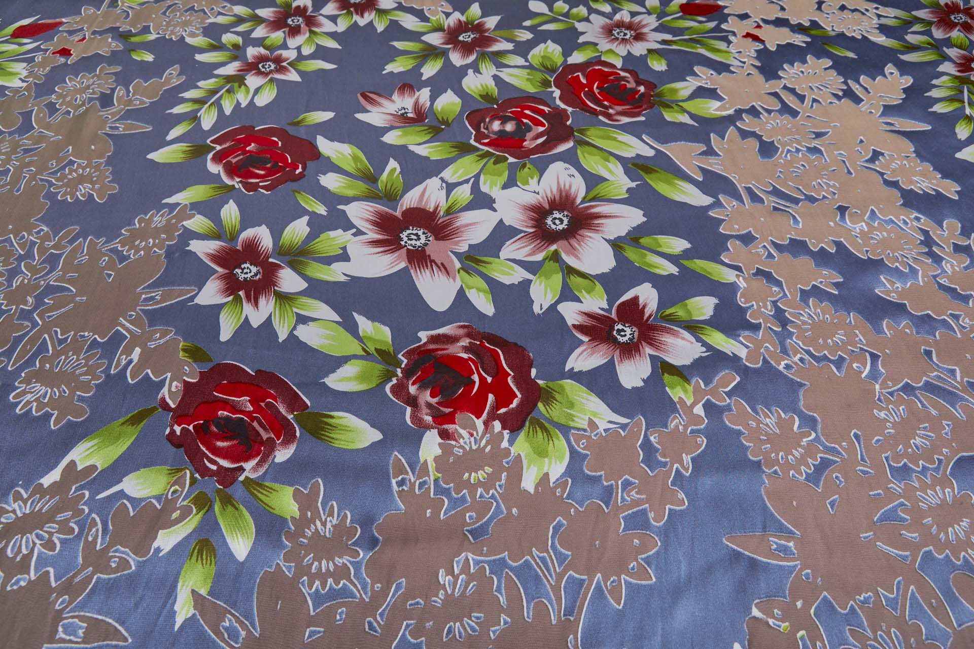 Floral Printed Satin with Floral Devore Burnout - Dusty Blue, Red, Pink, Ivory and Greens fabric, image 4 of 9