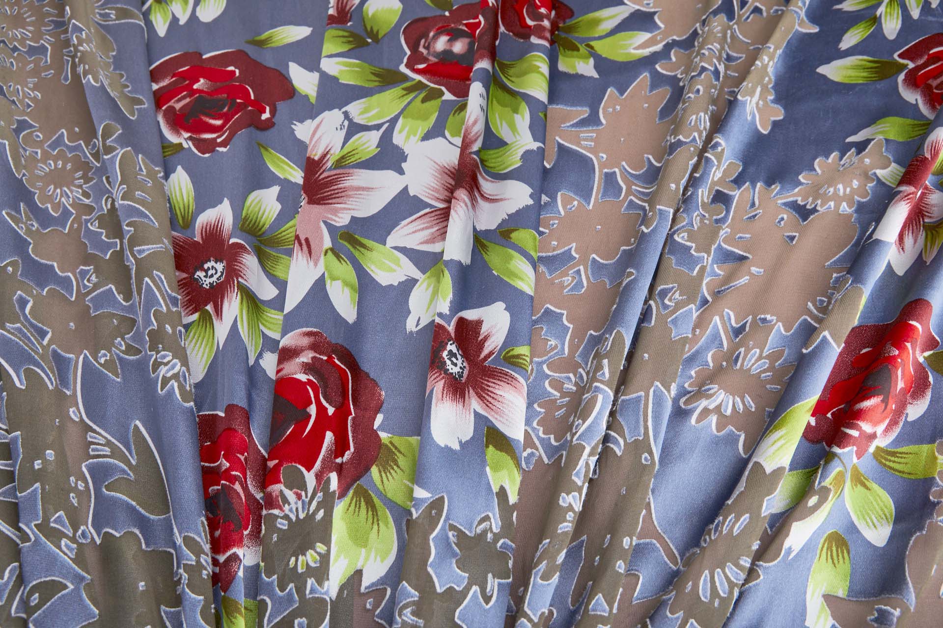 Floral Printed Satin with Floral Devore Burnout - Dusty Blue, Red, Pink, Ivory and Greens fabric, image 5 of 9