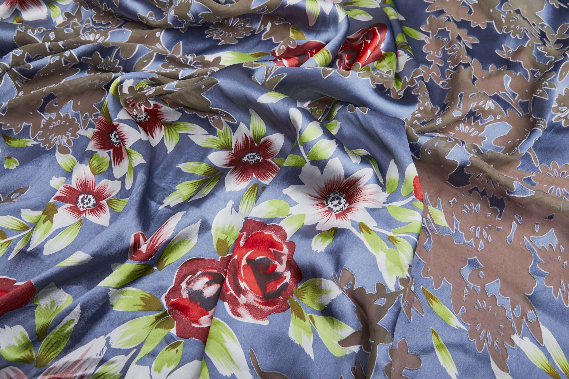 Floral Printed Satin with Floral Devore Burnout - Dusty Blue, Red, Pink, Ivory and Greens fabric, image 6 of 9