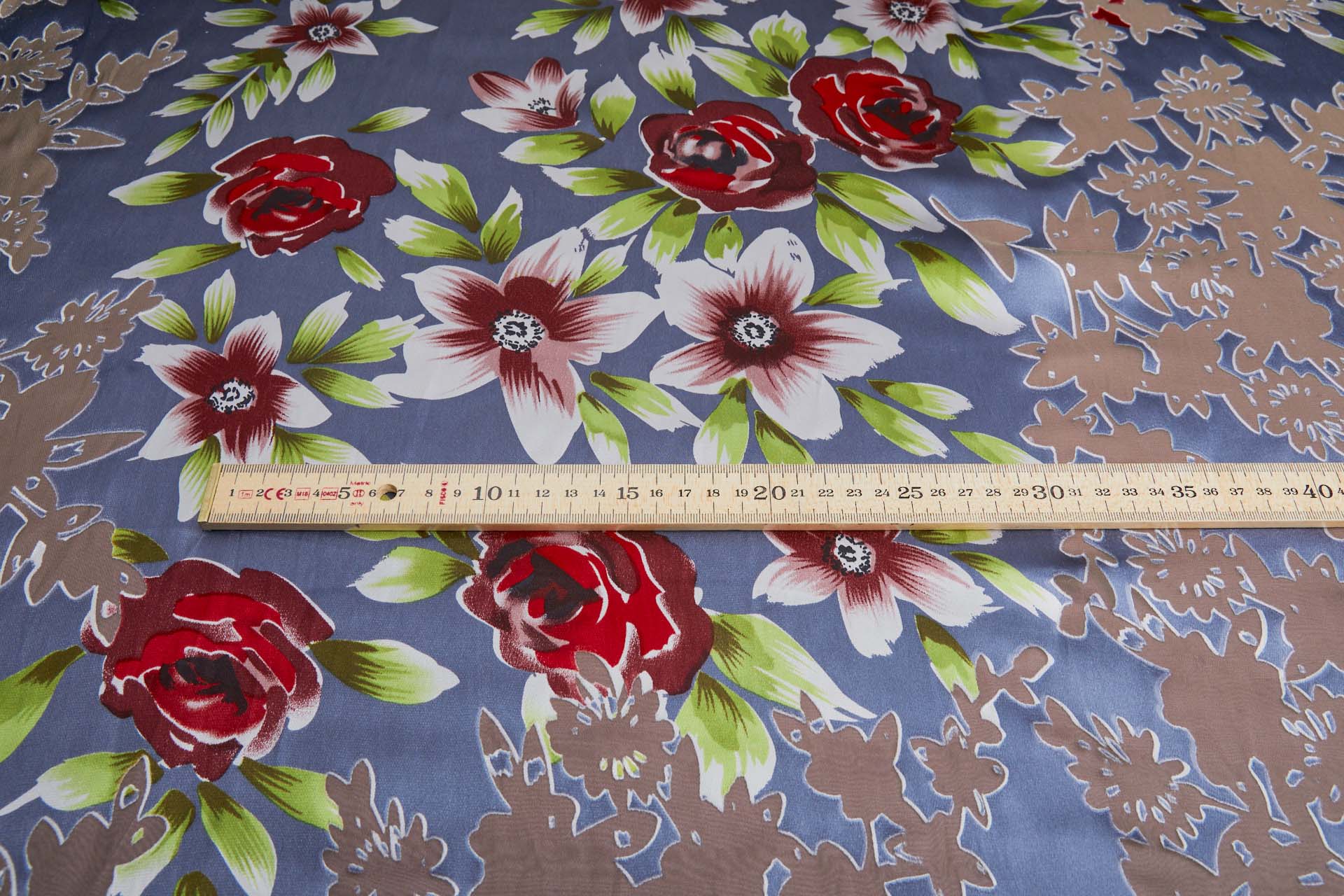 Floral Printed Satin with Floral Devore Burnout - Dusty Blue, Red, Pink, Ivory and Greens fabric, image 7 of 9