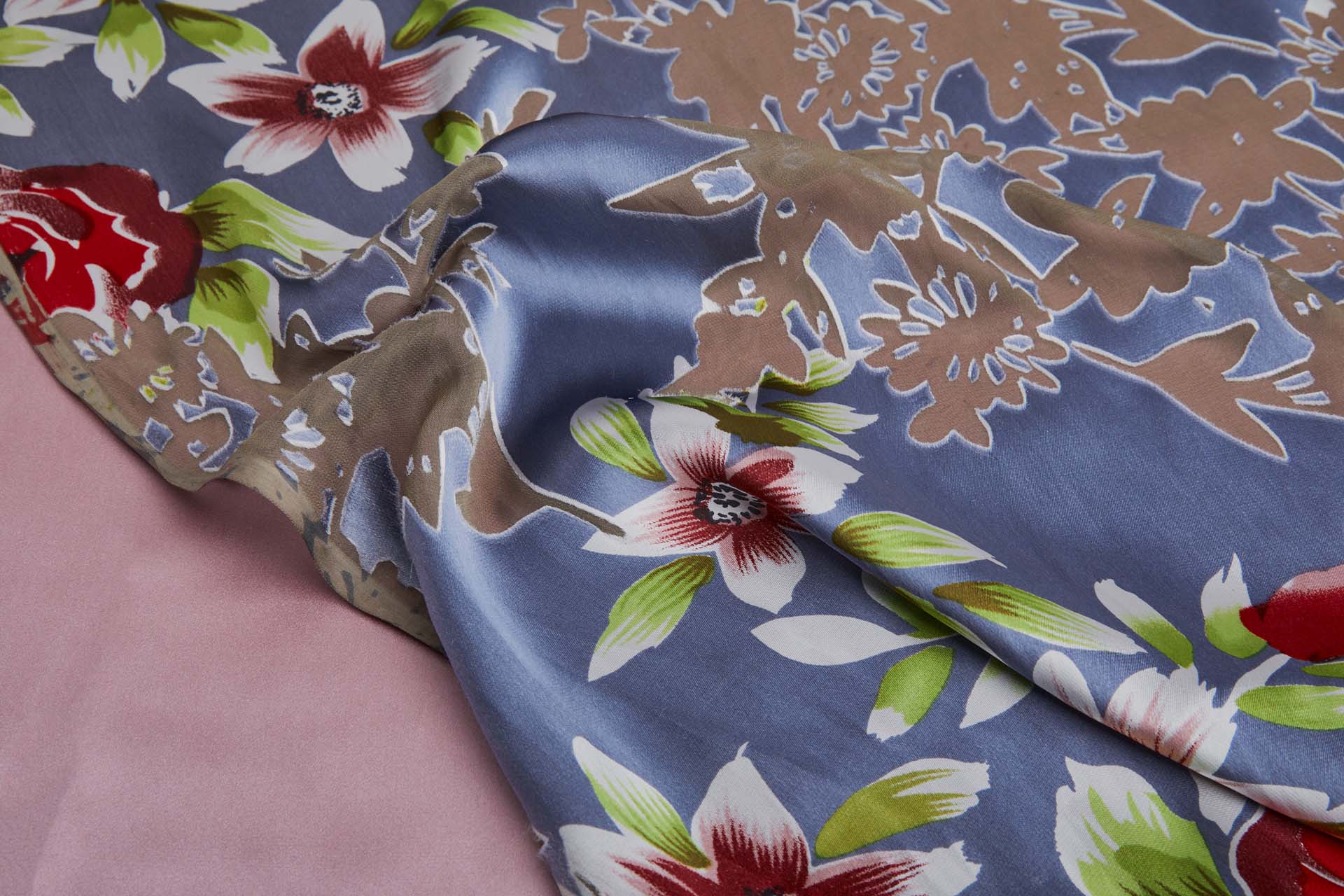 Floral Printed Satin with Floral Devore Burnout - Dusty Blue, Red, Pink, Ivory and Greens fabric, image 2 of 9