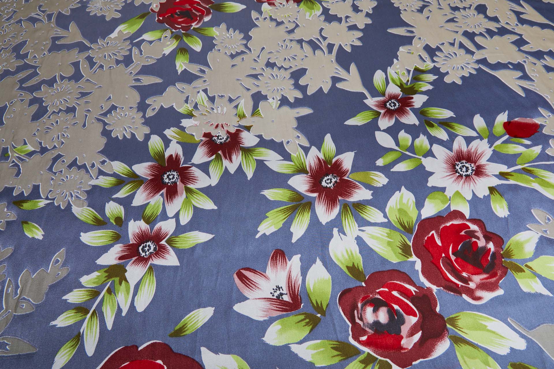 Floral Printed Satin with Floral Devore Burnout - Dusty Blue, Red, Pink, Ivory and Greens fabric, image 8 of 9