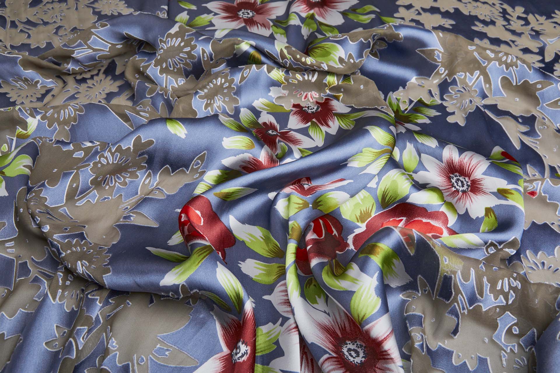 Floral Printed Satin with Floral Devore Burnout - Dusty Blue, Red, Pink, Ivory and Greens fabric