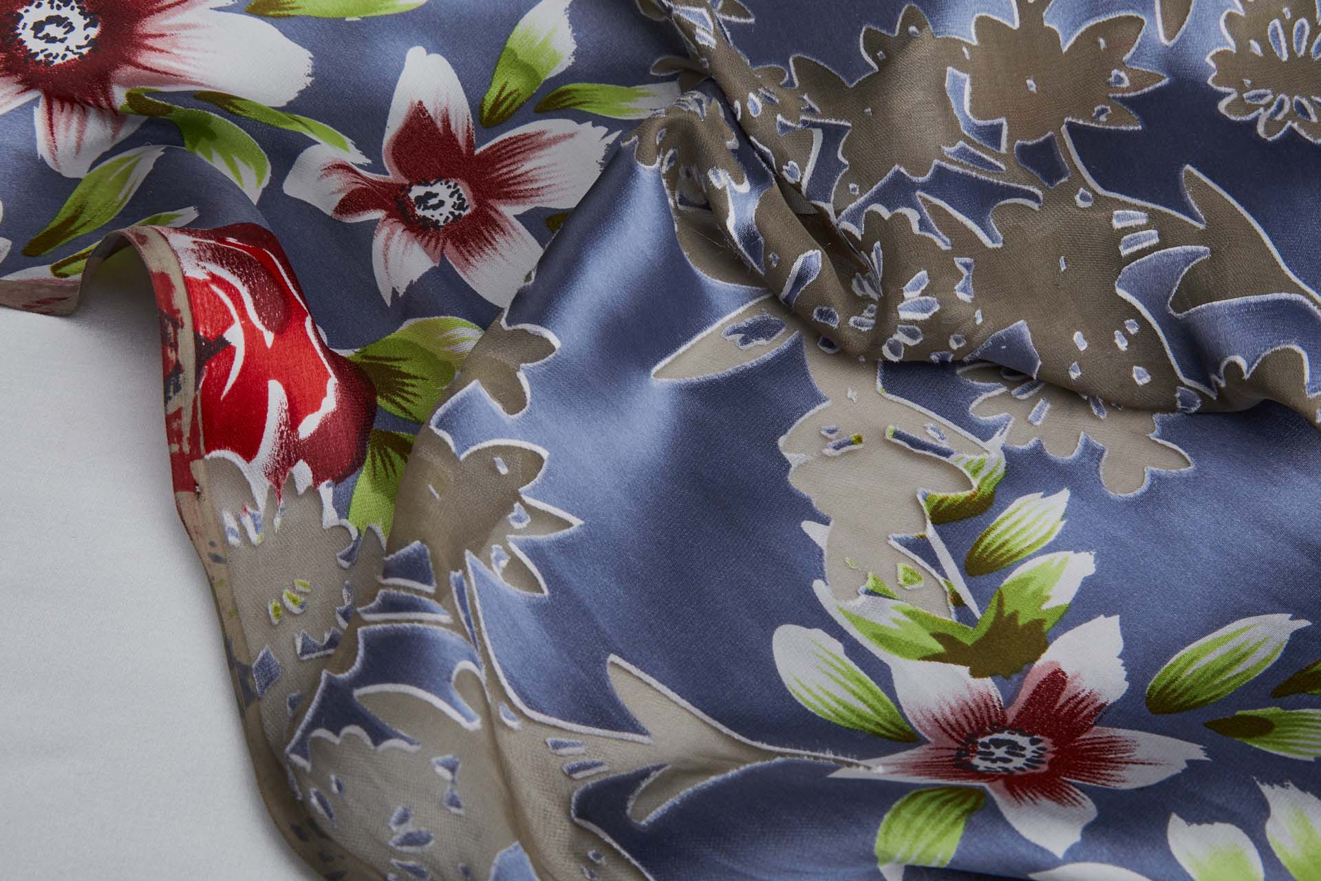 Floral Printed Satin with Floral Devore Burnout - Dusty Blue, Red, Pink, Ivory and Greens fabric, image 3 of 9