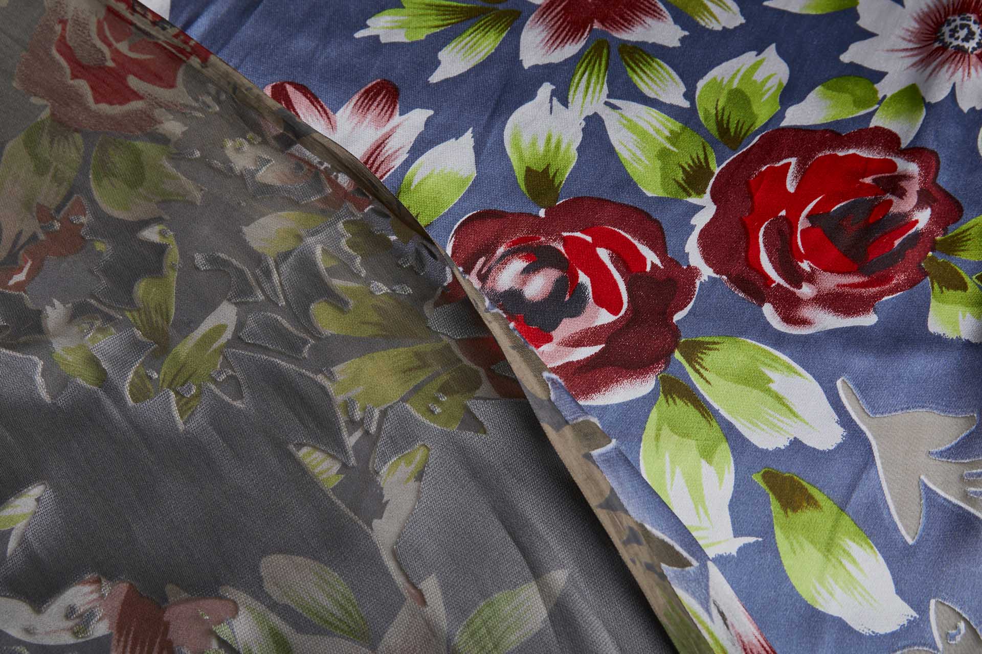 Floral Printed Satin with Floral Devore Burnout - Dusty Blue, Red, Pink, Ivory and Greens fabric, image 9 of 9