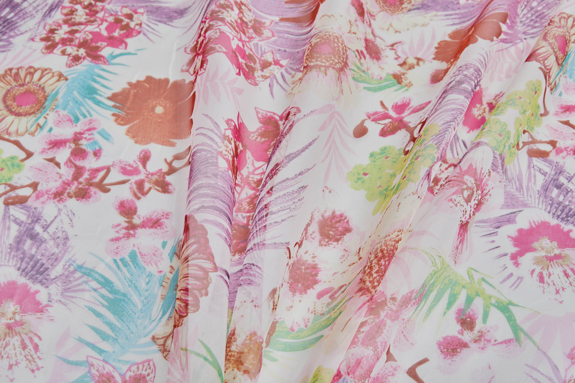 Tropical Garden Floral Print on Silk Organza - Pinks Reds Greens Purples fabric, image 3 of 7