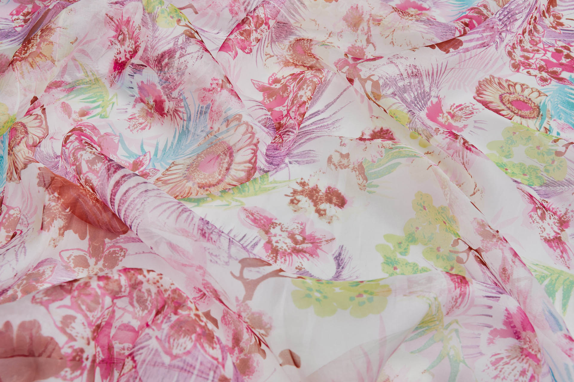 Tropical Garden Floral Print on Silk Organza - Pinks Reds Greens Purples fabric, image 4 of 7