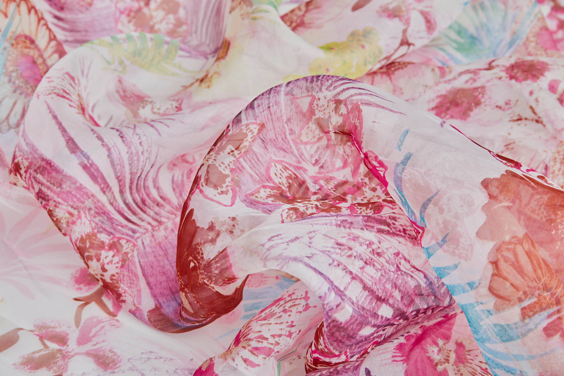 Tropical Garden Floral Print on Silk Organza - Pinks Reds Greens Purples fabric, image 6 of 7