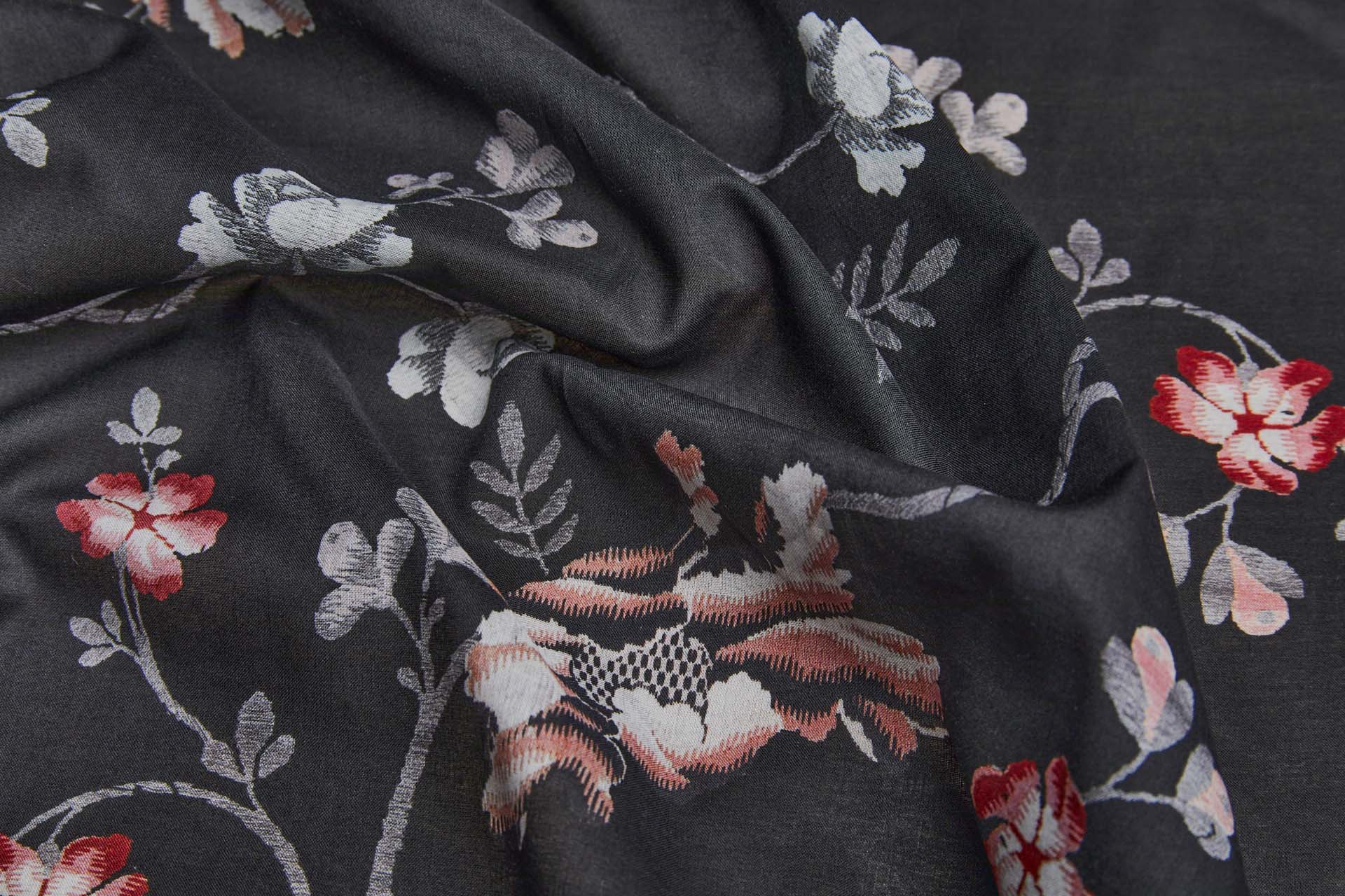 Floral Print Cotton - Black, Red, Pink, Grey and Off White fabric, image 4 of 8