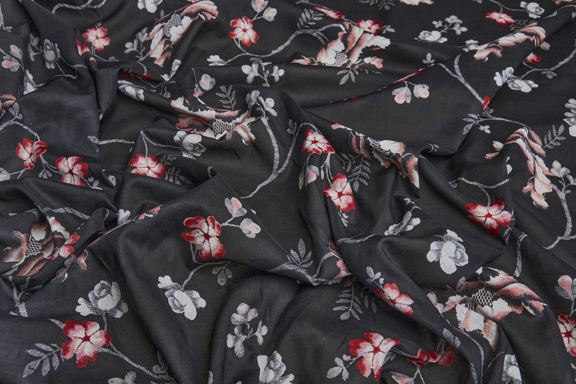 Floral Print Cotton - Black, Red, Pink, Grey and Off White fabric