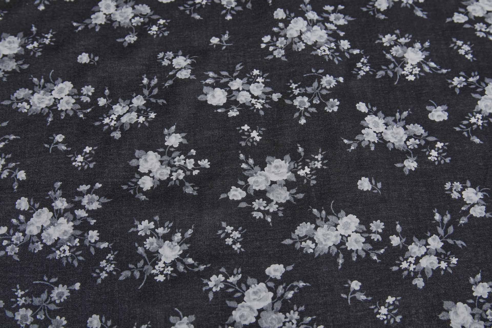 Floral Print Cotton - Off White and Grey on Black fabric, image 2 of 7