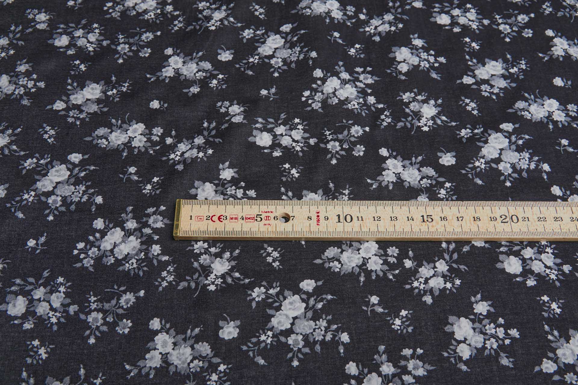 Floral Print Cotton - Off White and Grey on Black fabric, image 3 of 7