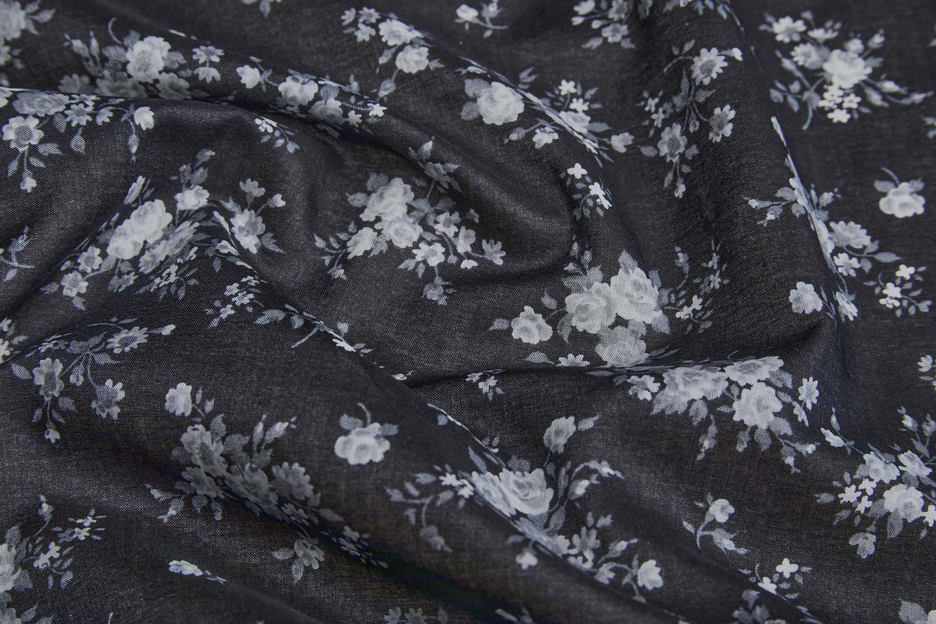 Floral Print Cotton - Off White and Grey on Black fabric, image 4 of 7