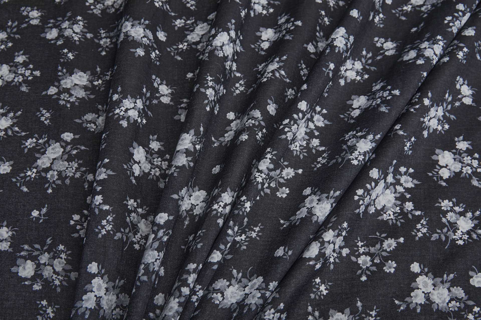 Floral Print Cotton - Off White and Grey on Black fabric