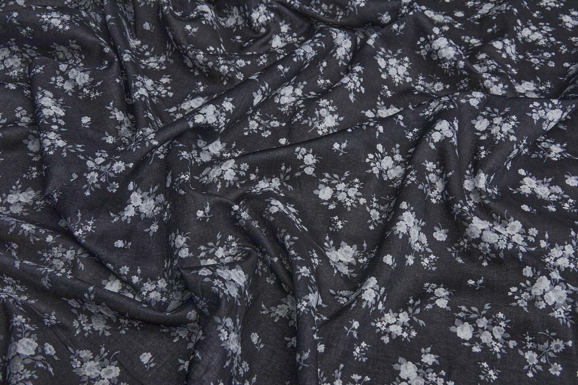 Floral Print Cotton - Off White and Grey on Black fabric, image 5 of 7