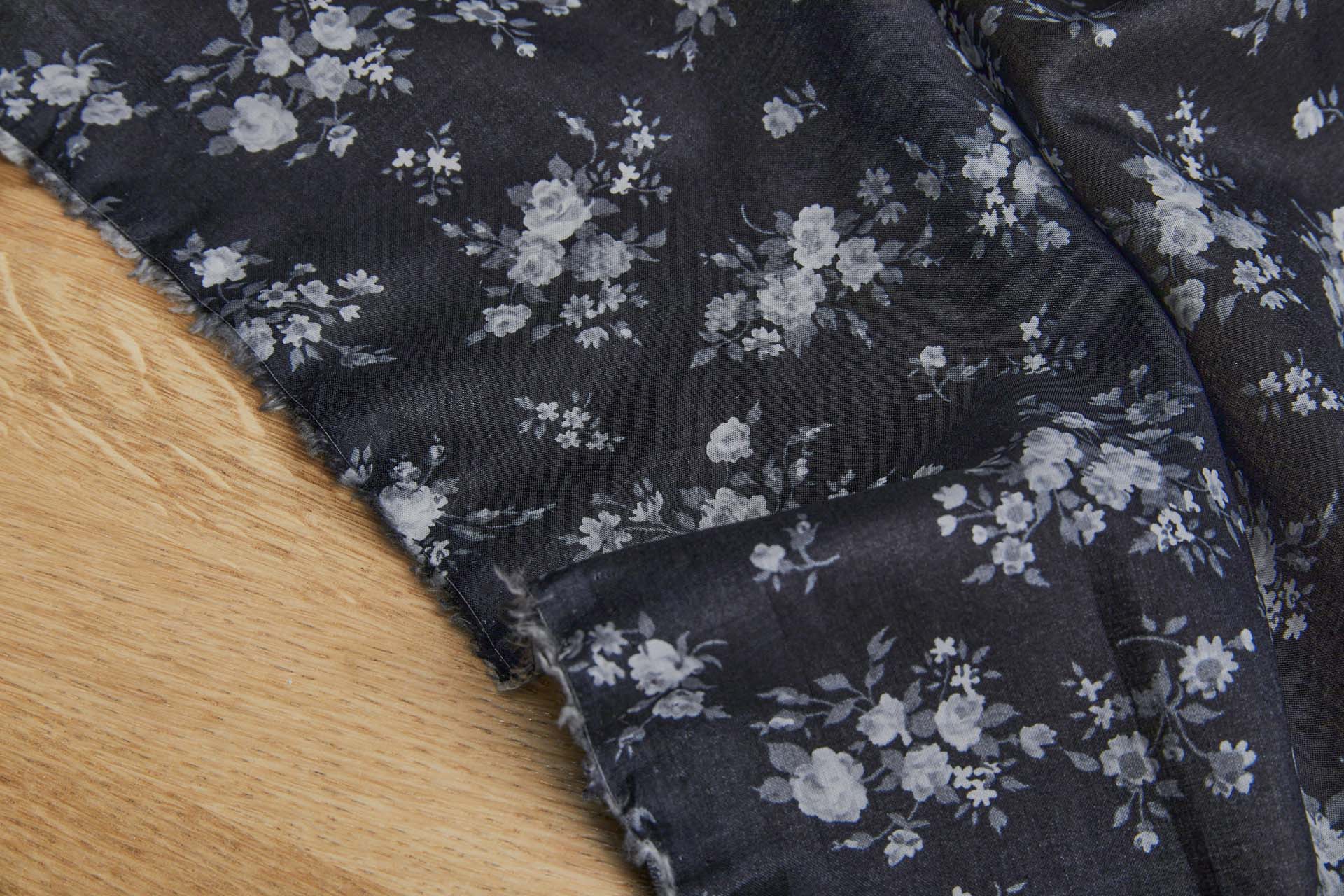 Floral Print Cotton - Off White and Grey on Black fabric, image 6 of 7