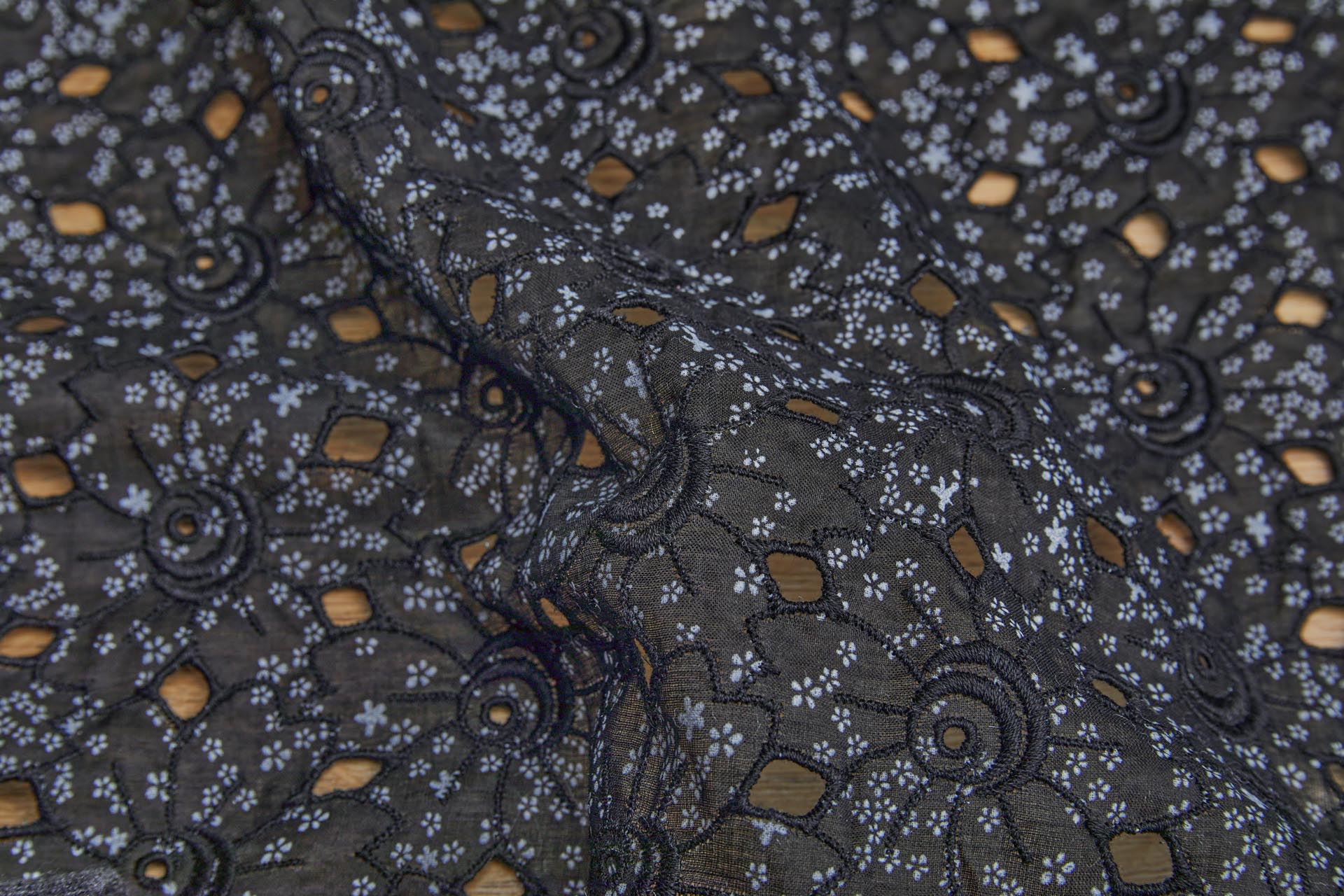 Dainty Floral Print Cotton Broderie Anglaise - Grey on Black fabric