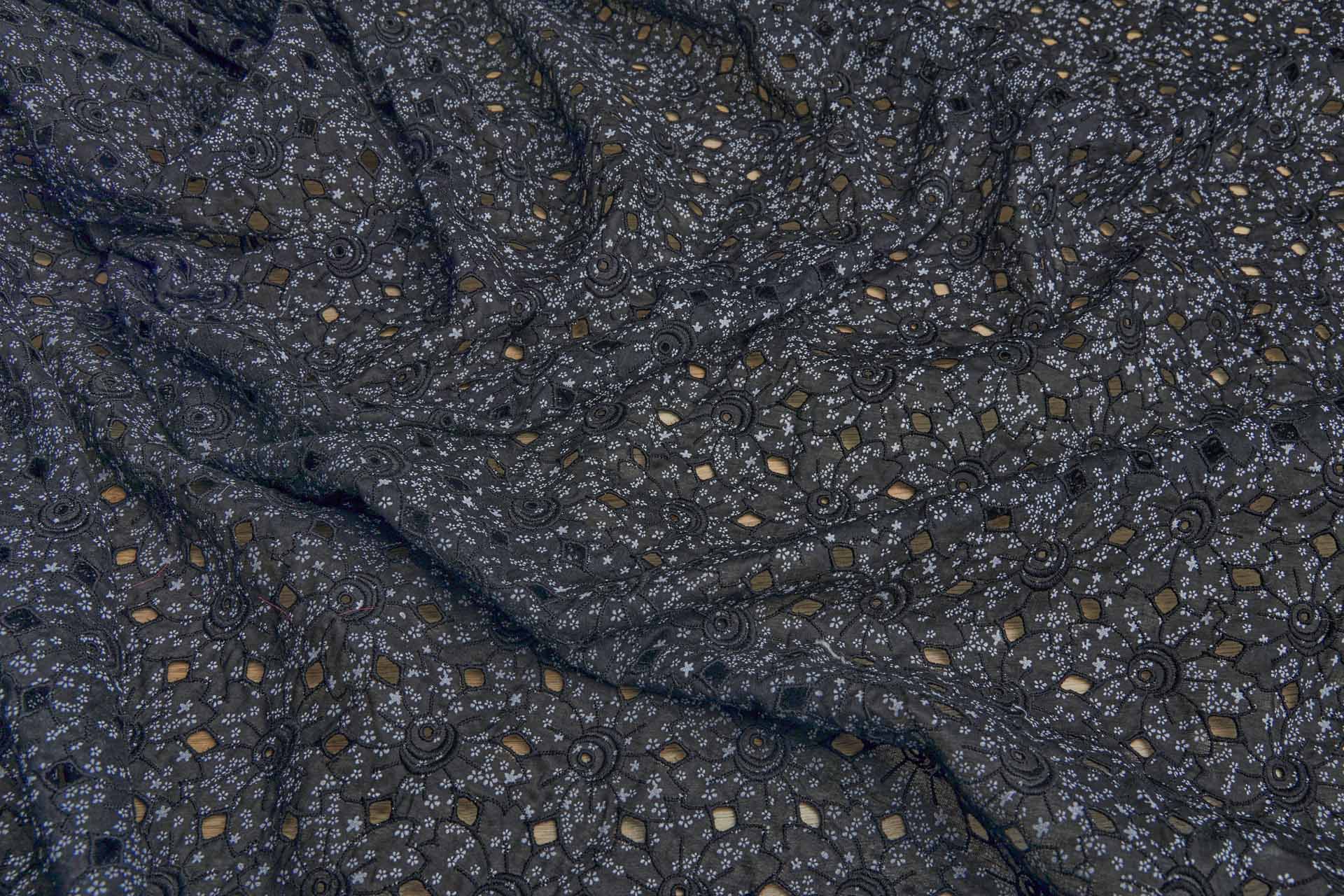 Dainty Floral Print Cotton Broderie Anglaise - Grey on Black fabric, image 5 of 7