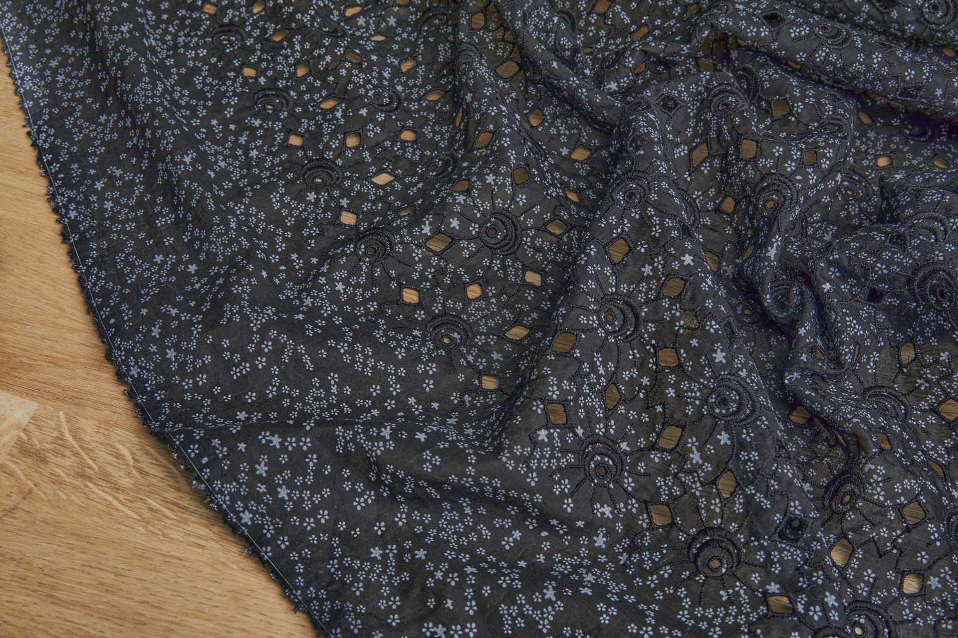 Dainty Floral Print Cotton Broderie Anglaise - Grey on Black fabric, image 6 of 7