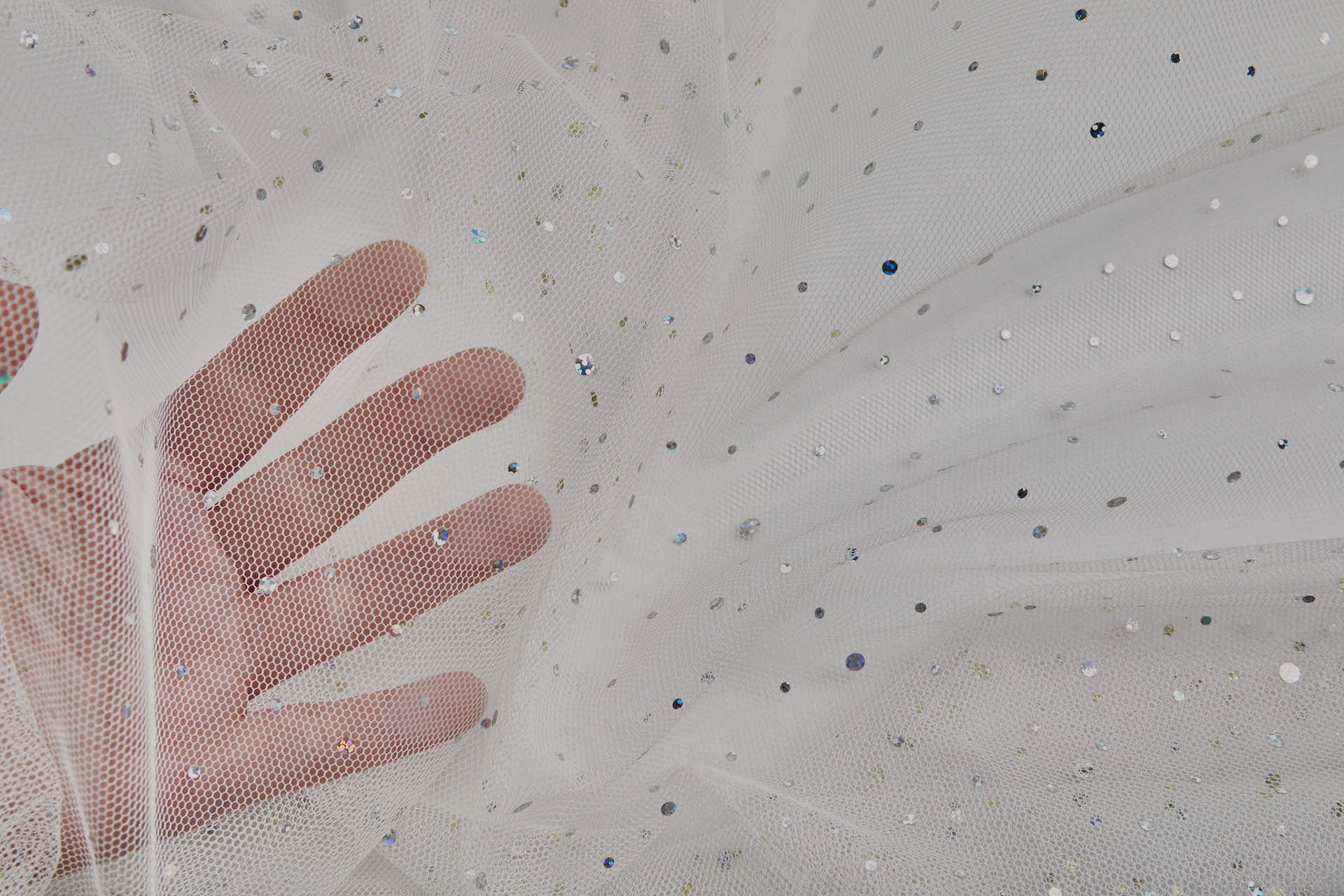 Soft Cream Nylon Tulle with Silver Holographic Polkadots/Spots fabric, image 6 of 7